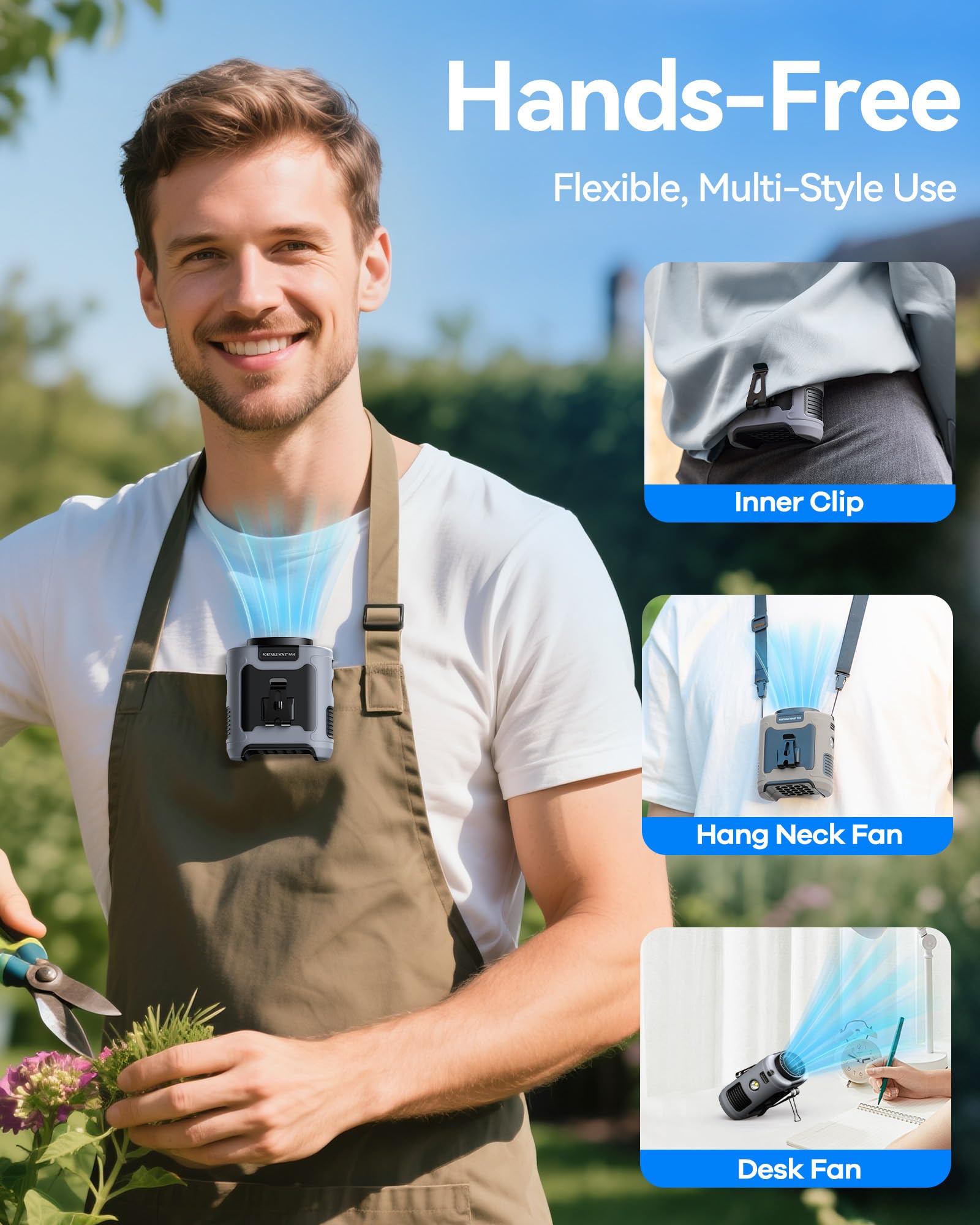 morsisho AI Portable Waist Fan Rechargeable 10000mah Belt Shirt Clip On Fan For Body Cooling That Blow Cold Air 5 Speeds Flashlight Up To 40H