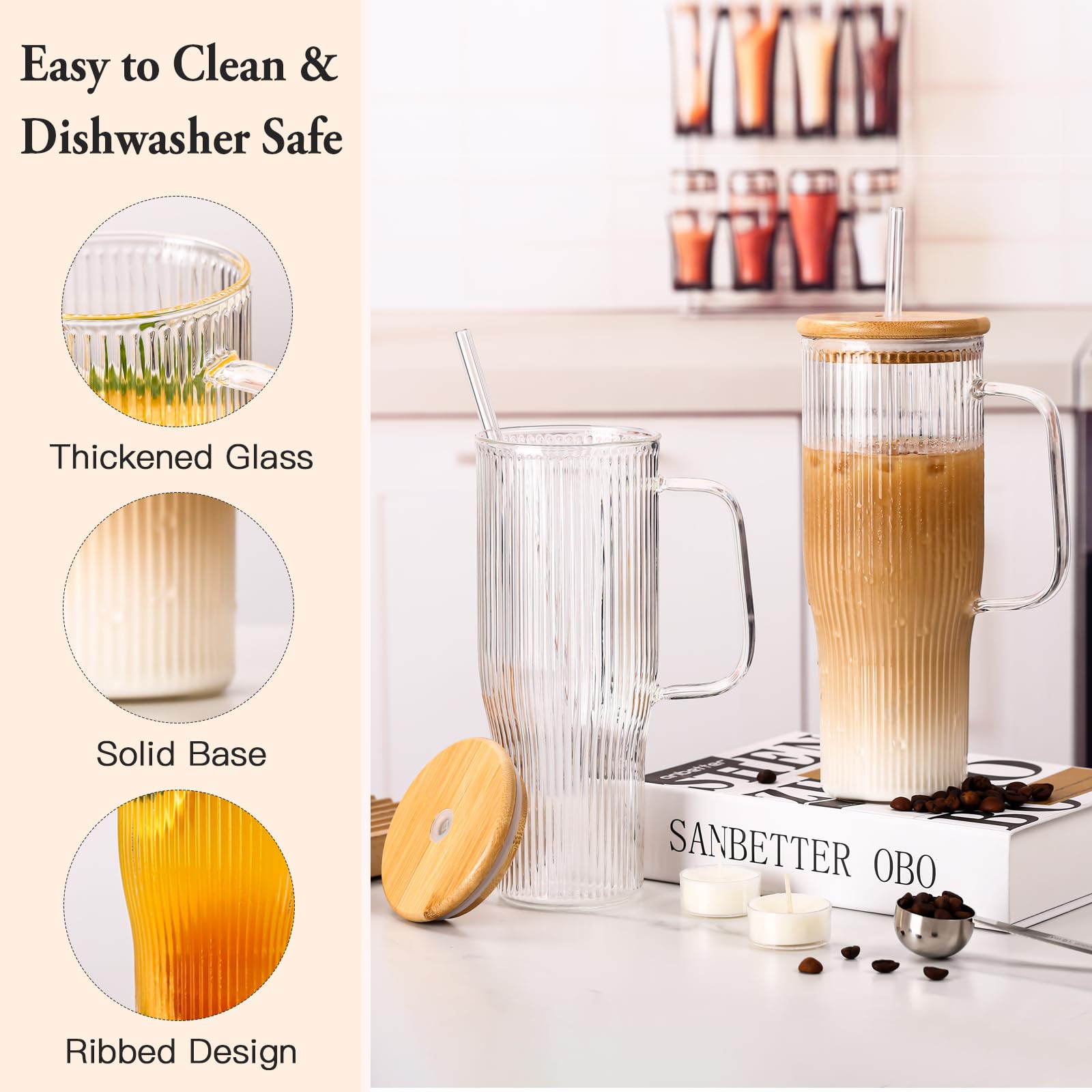 SIPBYSOP 40 oz Ribbed Glass Tumbler with Handle, 2 Pack Glass Cups with Lids and Straws, Large Iced Coffee Cup,Borosilicate, with Bamboo Lid and 4 Straws