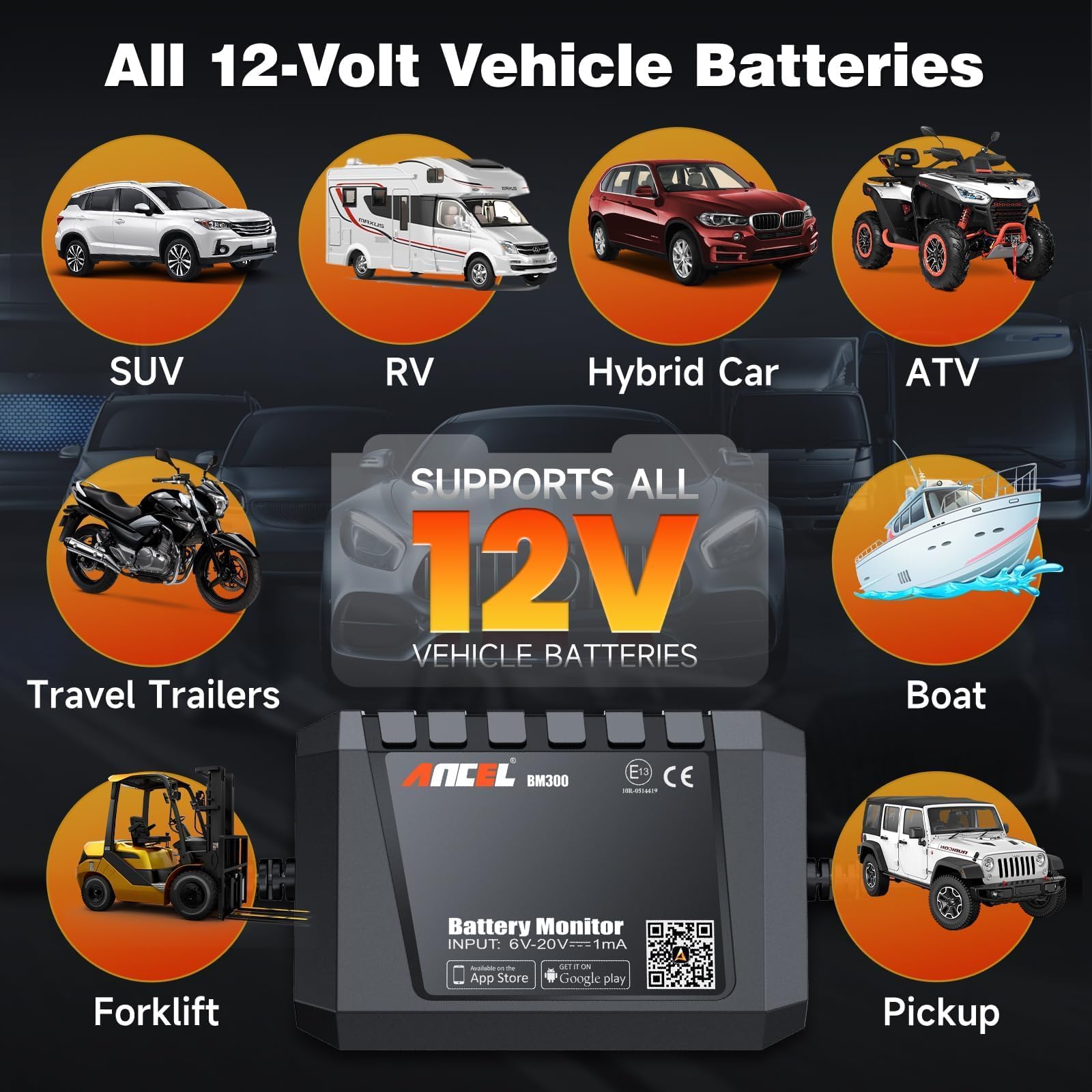 ANCEL BM300 12V Battery Monitor - Bluetooth 4.0 Automotive Voltmeter with Charging, Cranking System Test & Alarm - Compatible for Solar Power Systems, RVs, Motorcycles, Boats, Cars, and Trucks