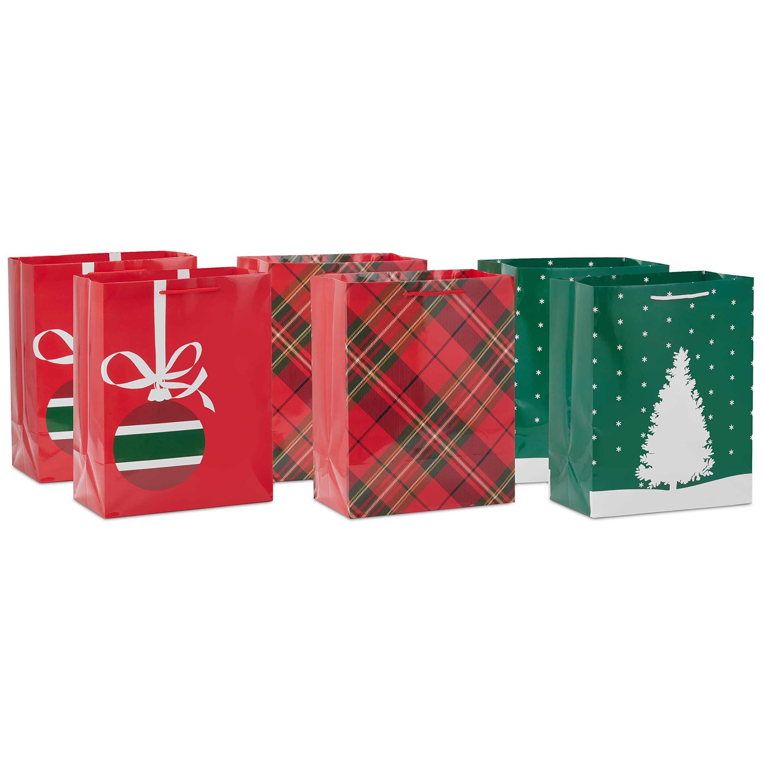 Hallmark Image Arts 11" Large Christmas Gift Bags (6 Bags: Tartan Plaid, Snowy Tree, Red and Green Ornament) for Coworkers, Teachers, Family