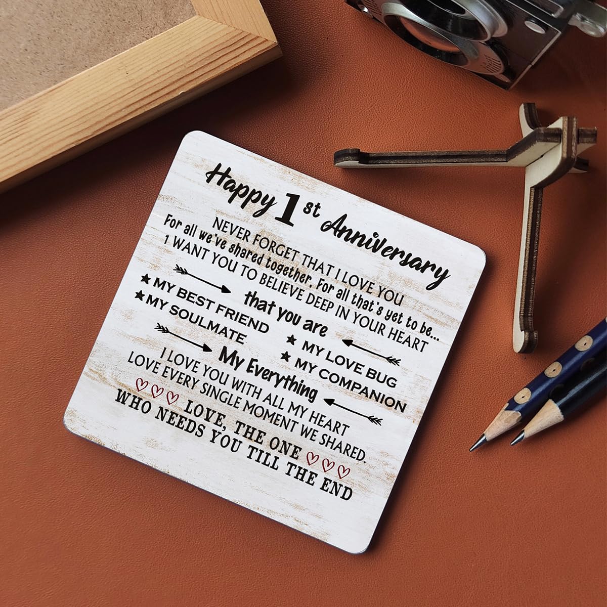 Happy 1st Anniversary Card Gifts for Him Her, Never Forget That I Love You - 1 Year Anniversary Desk Plaque Gifts for Husband Wife, First Wedding Anniversary for Men Desk Decor Wooden Sign 4''X4''