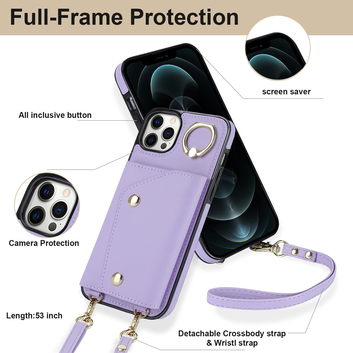 Lipvina for iPhone 12 Pro Max Case Wallet with Strap for Women,Crossbody Lanyard and Wristlet Strap,Zipper Pocket,Credit Card Holder,Stand Ring,Phone Wallet Case(6.7 inch,Purple)