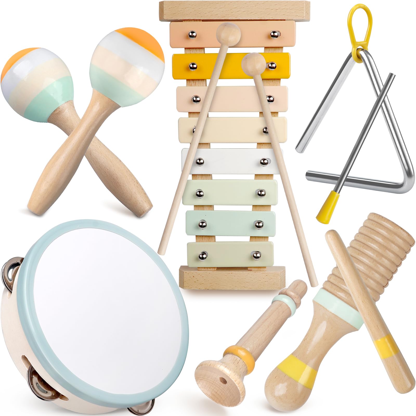 Baby Musical Instruments - Montessori Musical Toys for Toddlers 1-3, Neutral Colors Wooden Percussion Instruments Set, Modern Boho Xylophone Tambourine, Kids Preschool Educational Birthday Gifts