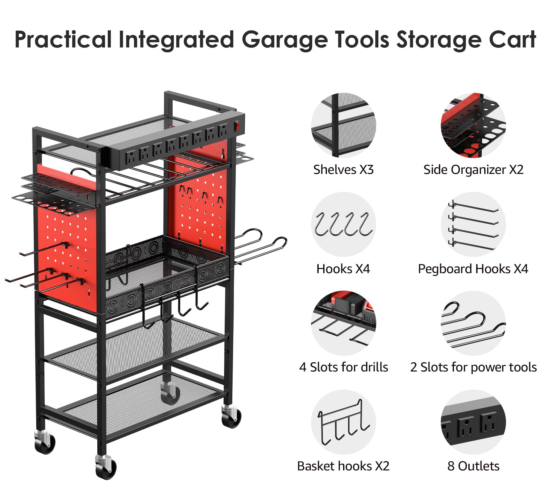 CCCEI Power Tool Organizer Cart with Charging Station, Garage Floor Rolling Storage Cart on Wheels for Mechanic, Mobile 6 Drill, Tool Box Utility Cart with Battery Charging Power Strip, Red.