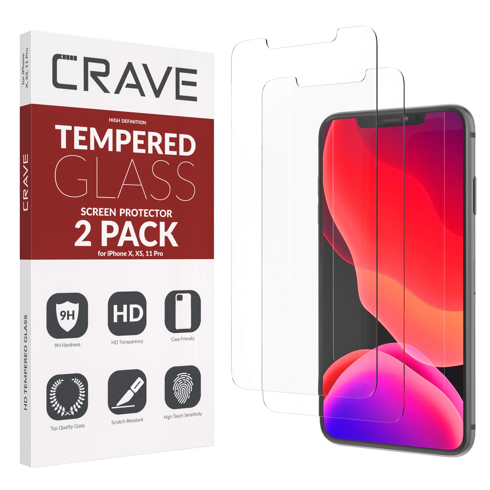 Crave Glass Screen Protector for Apple iPhone 11 Pro/XS/X [2-Pack] HD Tempered Glass