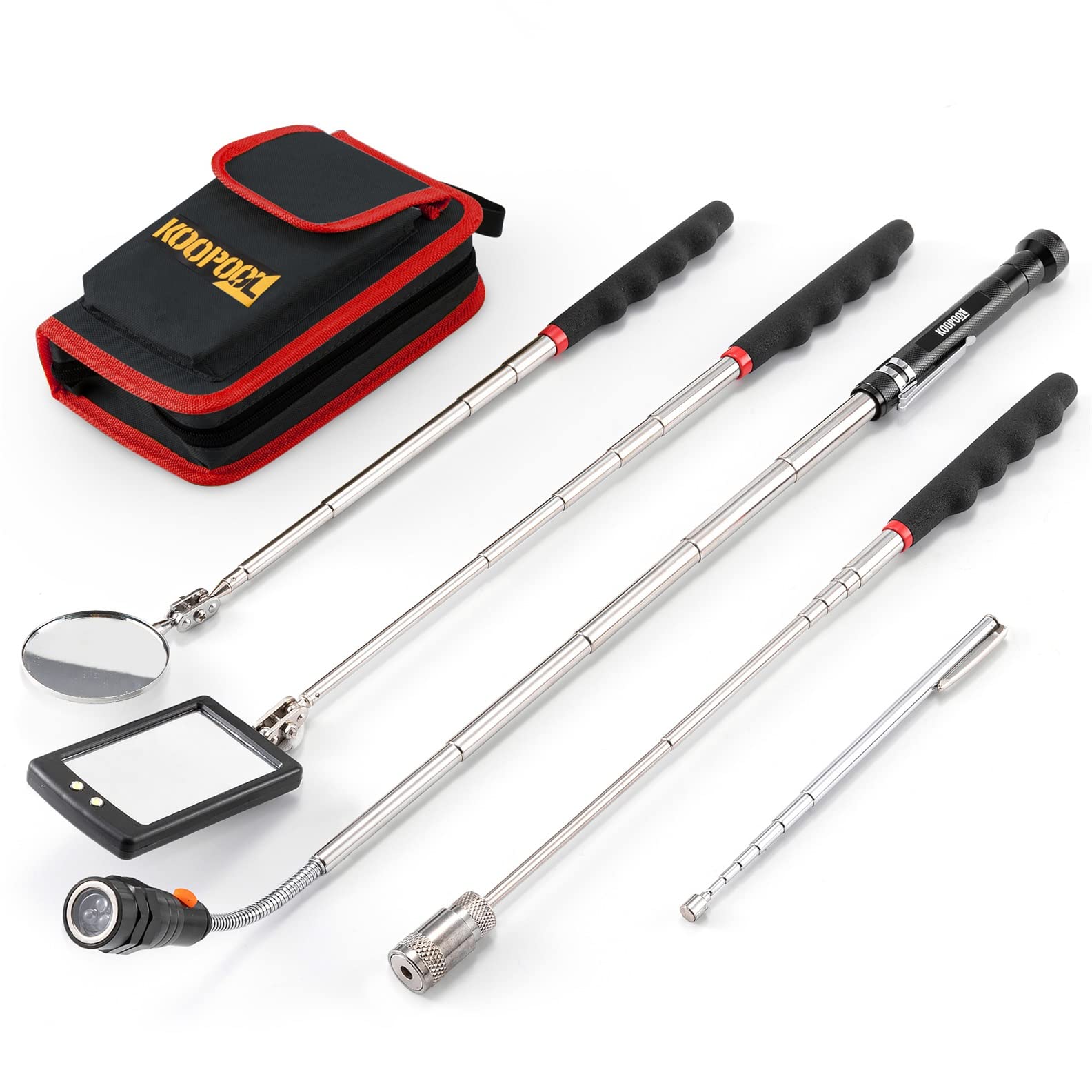 Telescoping Magnetic Pickup Tool Set, Inspection Mirror Telescoping, LED Flashlight, Cool Gadgets for Men, Stocking Stuffers, Gifts for Dad, Husband, Kids, Boyfriend, Magnet Stick (Red)