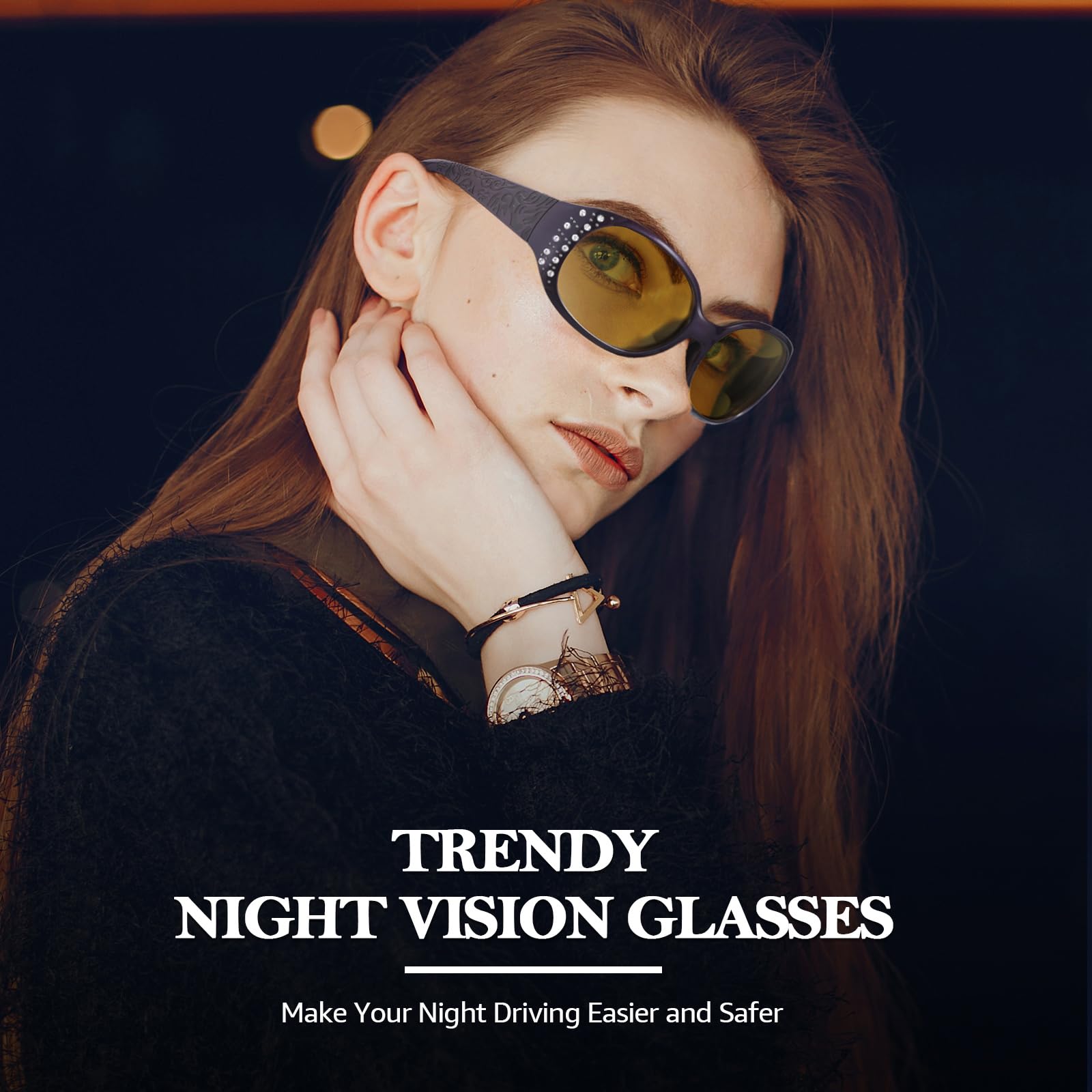TJUTR Night Vision Driving Glasses for Women - Anti Glare, Polarized Nighttime Yellow Lens