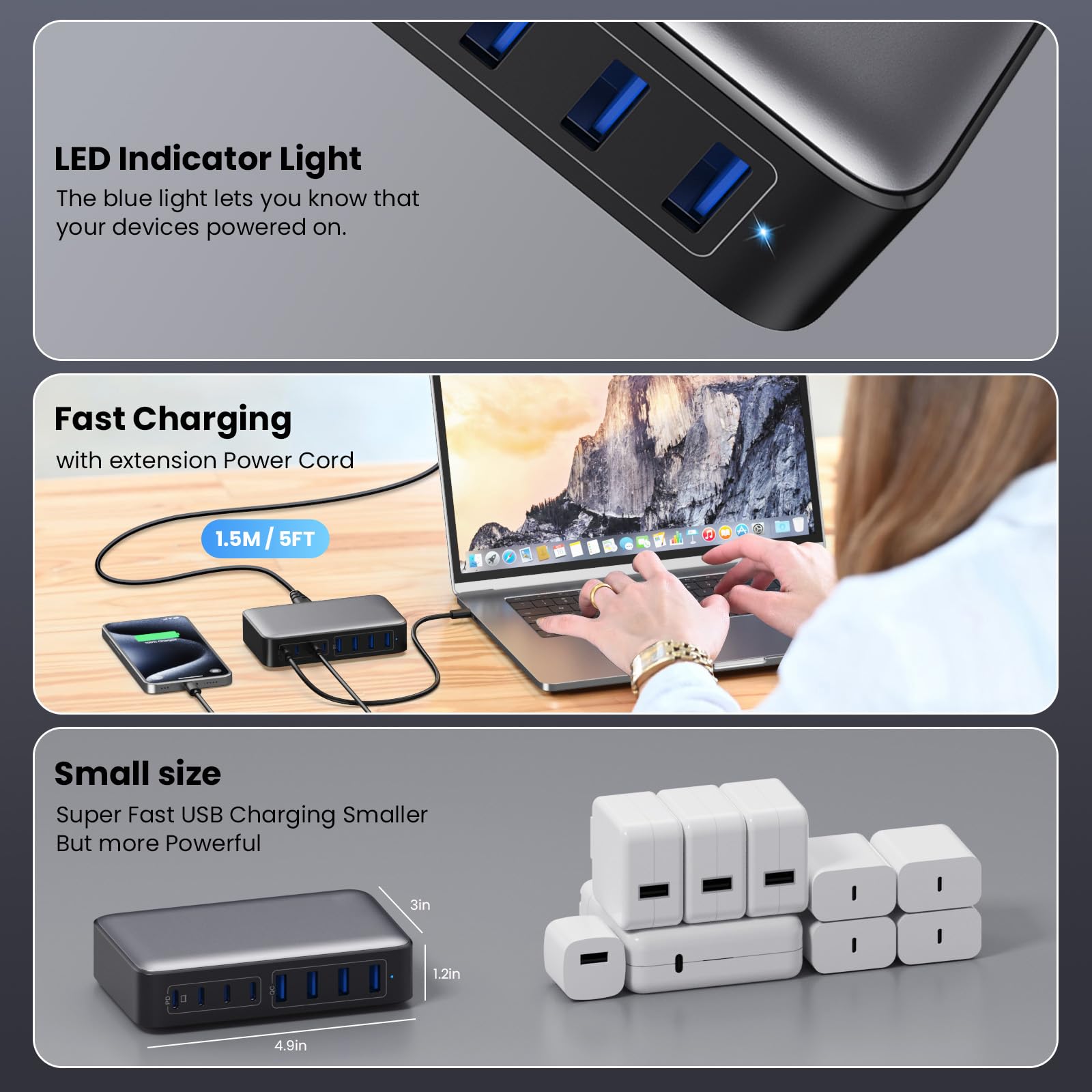 USB C Charger 200W USB C Charger Block,Upgraded GaN III 8-Port Fast Charging Station Hub,PD 65W Laptop Charger Adapter Compatible with MacBook Pro/Air,DELL,Steam Deck,iPhone 16/15/14,Galaxy S23/22 etc