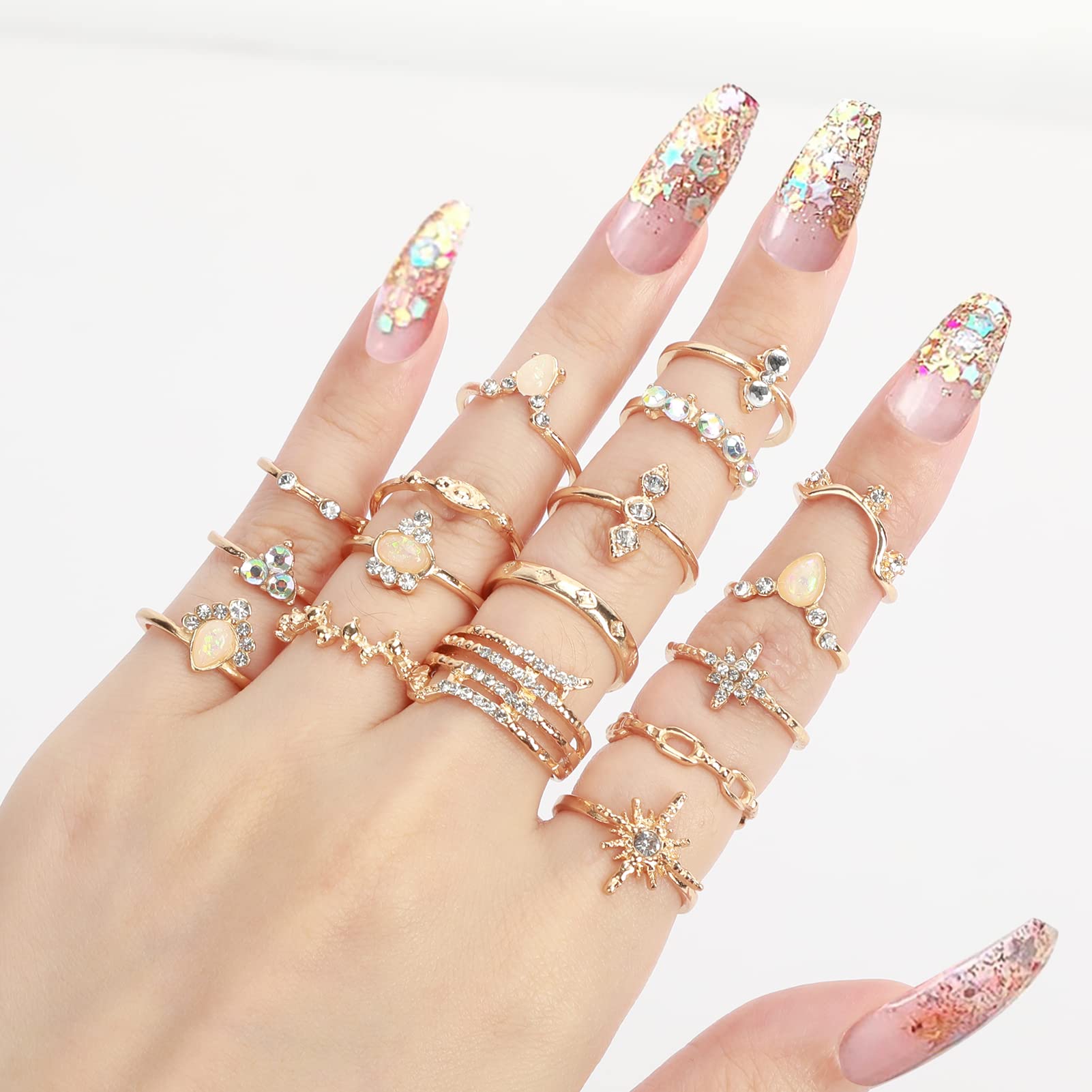 wpOP59NE Women Bohemian Finger Ring 17Pcs/Set Stacking Rings for Women Boho Vintage Artificial Gemstone Rhinestone Jewelry Gift Golden