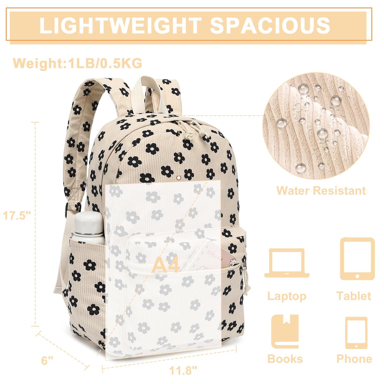 Bluboon School Backpack for Teen Girls Bookbags Elementary High School Corduroy Laptop Bags Women Travel Daypacks（Beige Corduroy Floral