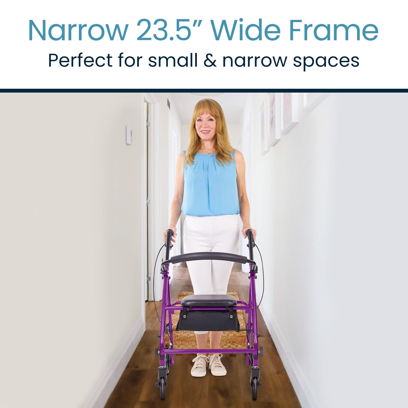 Vive Mobility Steel Rollator Walker with Seat - Foldable, Narrow, Rolling Senior Walker for Small Spaces - 4 Wheel Lightweight Adult Easy Drive with Underseat Storage, Adjustable Height (Purple)