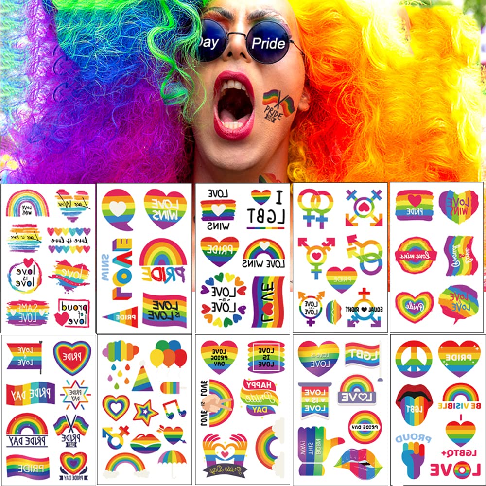 Rainbow Temporary Tattoos Pride Lover Tattoos 73 Pcs Heart Cloud Rainbow Tattoos Stickers Waterproof Removable Body Decals for Pride Day Lgbtq Gay Party Pride Celebration Birthday Party (10 sheet)