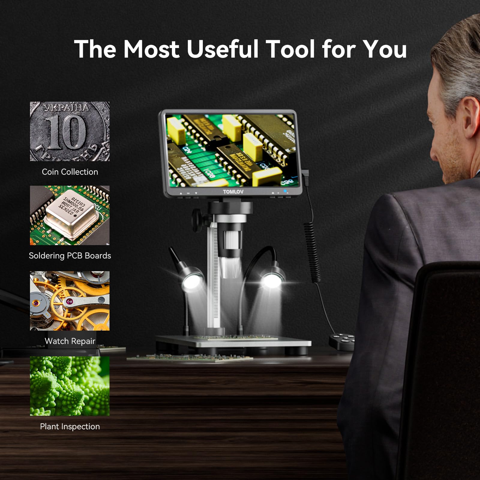 TOMLOV DM9 7" Digital Microscope: 1080P 1200X Coin Microscope Magnifier, 12MP Ultra-Precise Focusing LCD Soldering Microscopes for Adults, PC View, 32GB