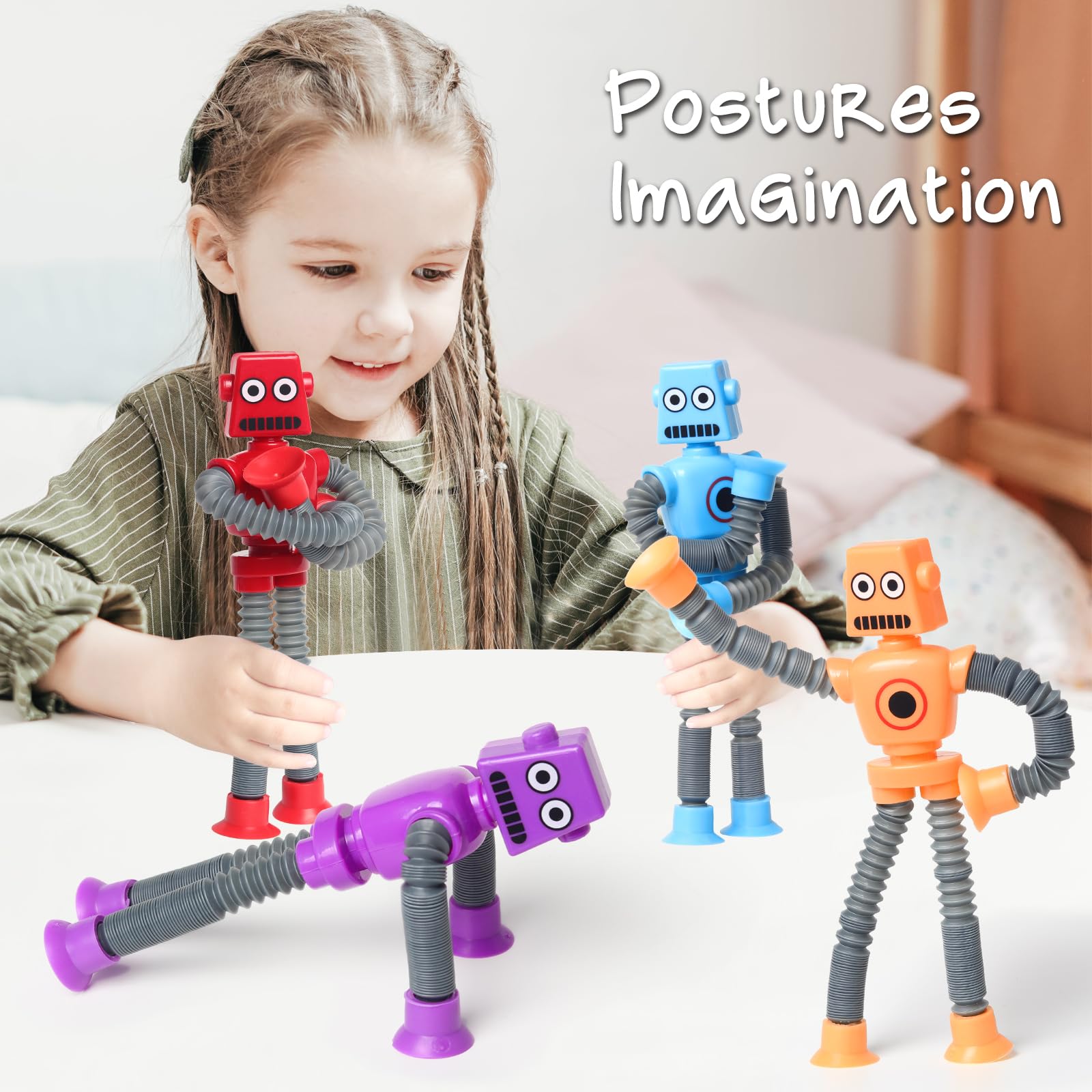 SYSAMA 4 Pcs Telescopic Suction Cup Robot Toy, Coolest Pop Tubes Sensory Toys for Toddlers, Educational Fidget Toys Robot Party Favors for Anxiety Kids for 3-9 Year Old Boys Girls