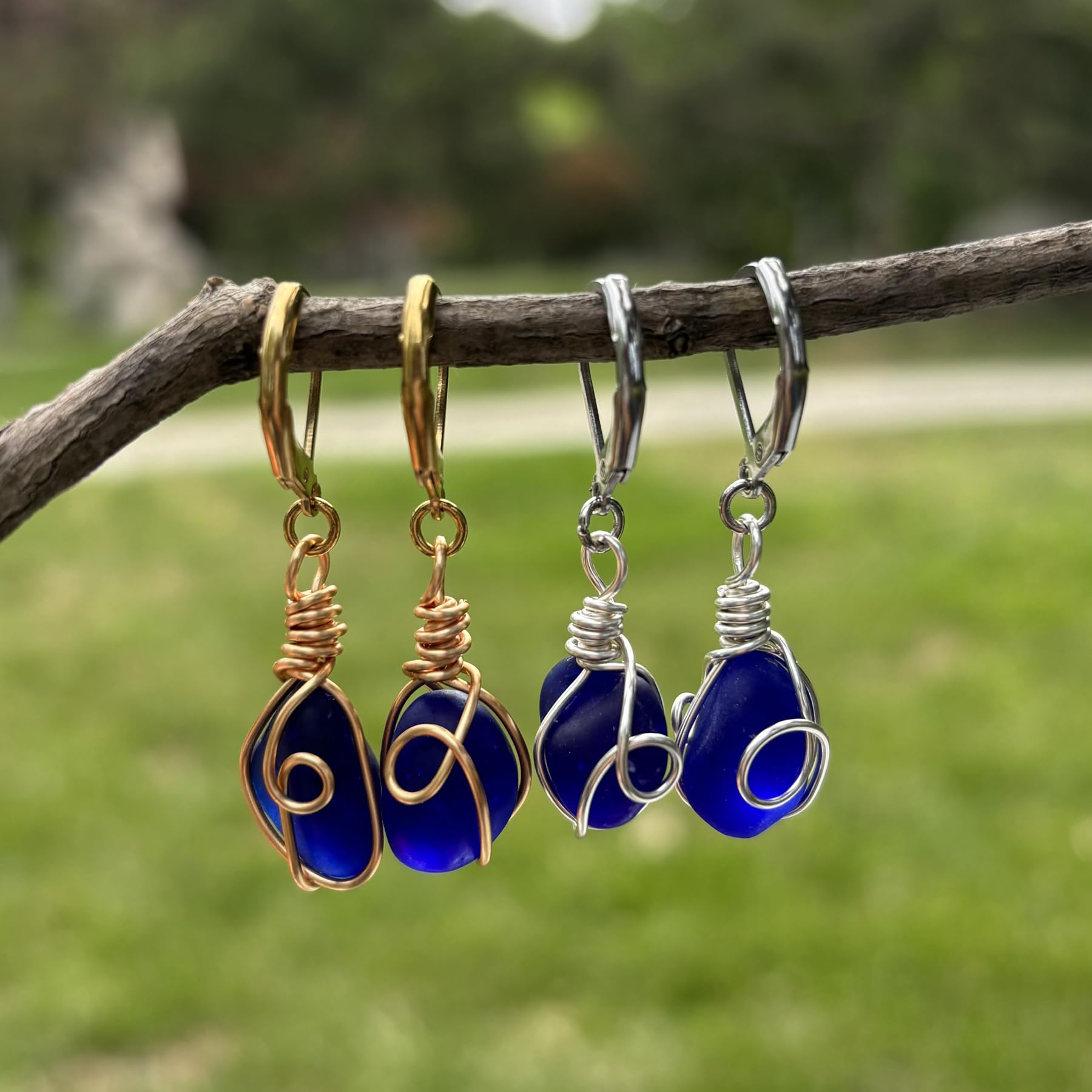 PEPELUALI Handmade Sterling Silver Sea Glass Wire Wrap Drop Earrings Jewelry (Coblat Blue),Beach Earrings, Summer Gift, Ocean Jewelry Inspirational Gifts for Women, Mom, Sister