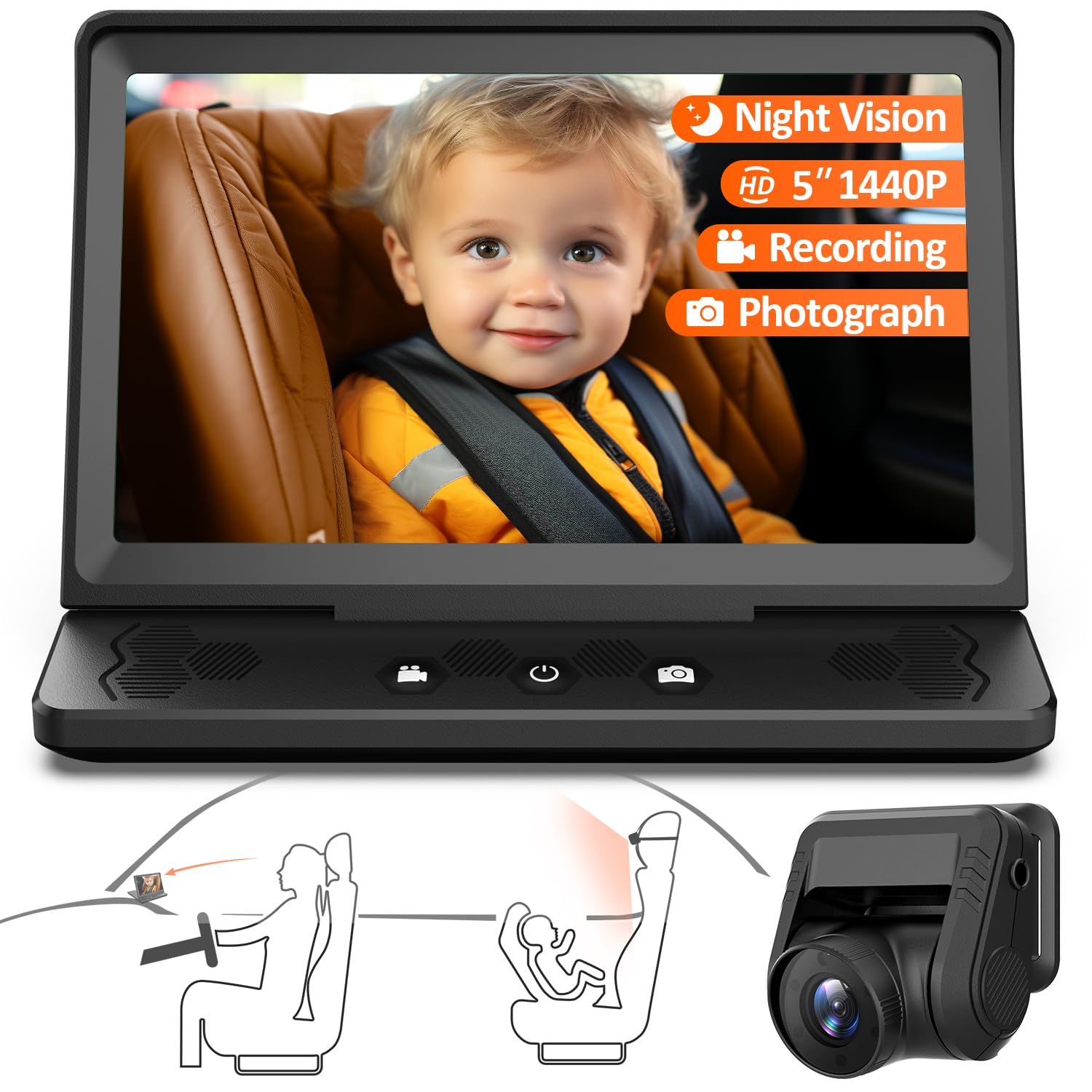 ZGZUXO 7” Baby Car Camera HD 1440P Recording, 5” Screen Baby Car Monitor with Full-Color Night Vision Camera, Infant Safety Baby Car Mirror Rear Facing for Backseat, Wide Clear View, Easy Installation