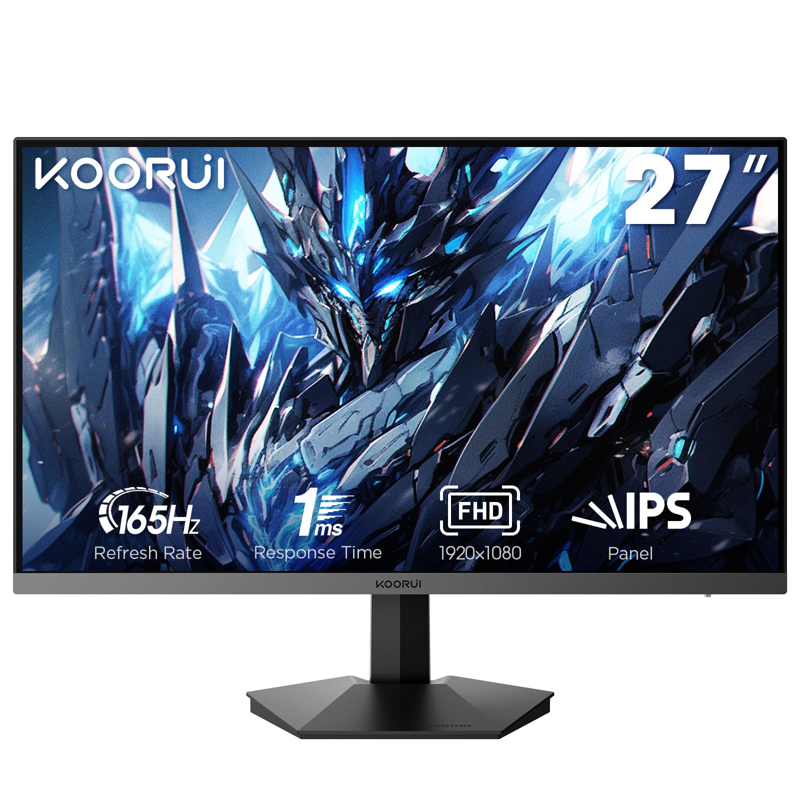 KOORUI 27" Gaming Monitor, 165Hz, IPS, FHD 1920 x 1080 1ms with Adaptive Sync, 75x75 mm VESA Mountable, Tilt adjustable, 2 x HDMI 2.0 & DisplayPort 1.4, GN06, Black