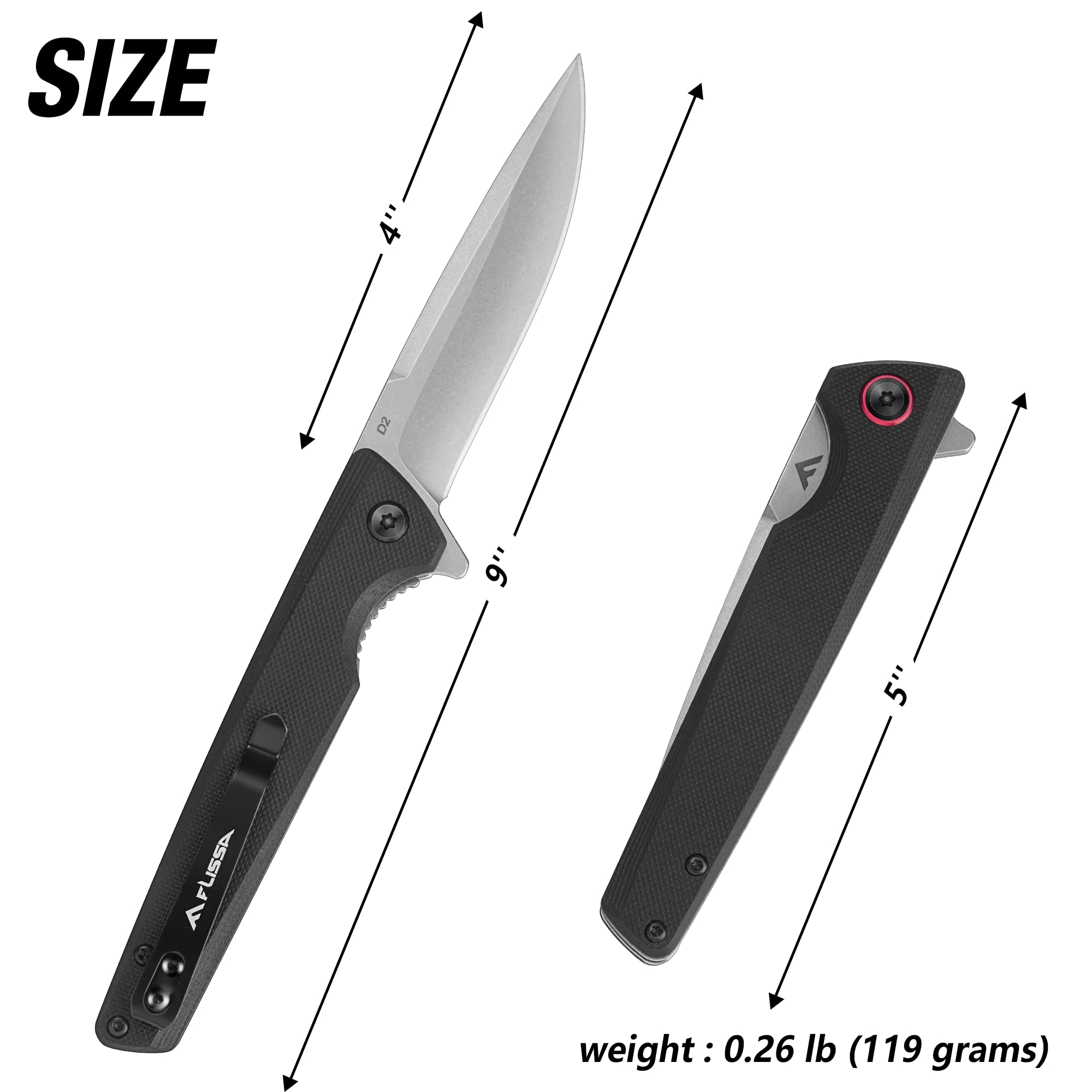 FLISSA Pocket Knife, Folding EDC Knife, 4 inch D2 Blade, G10 Handle, for Outdoors, Hiking, Camping, Black