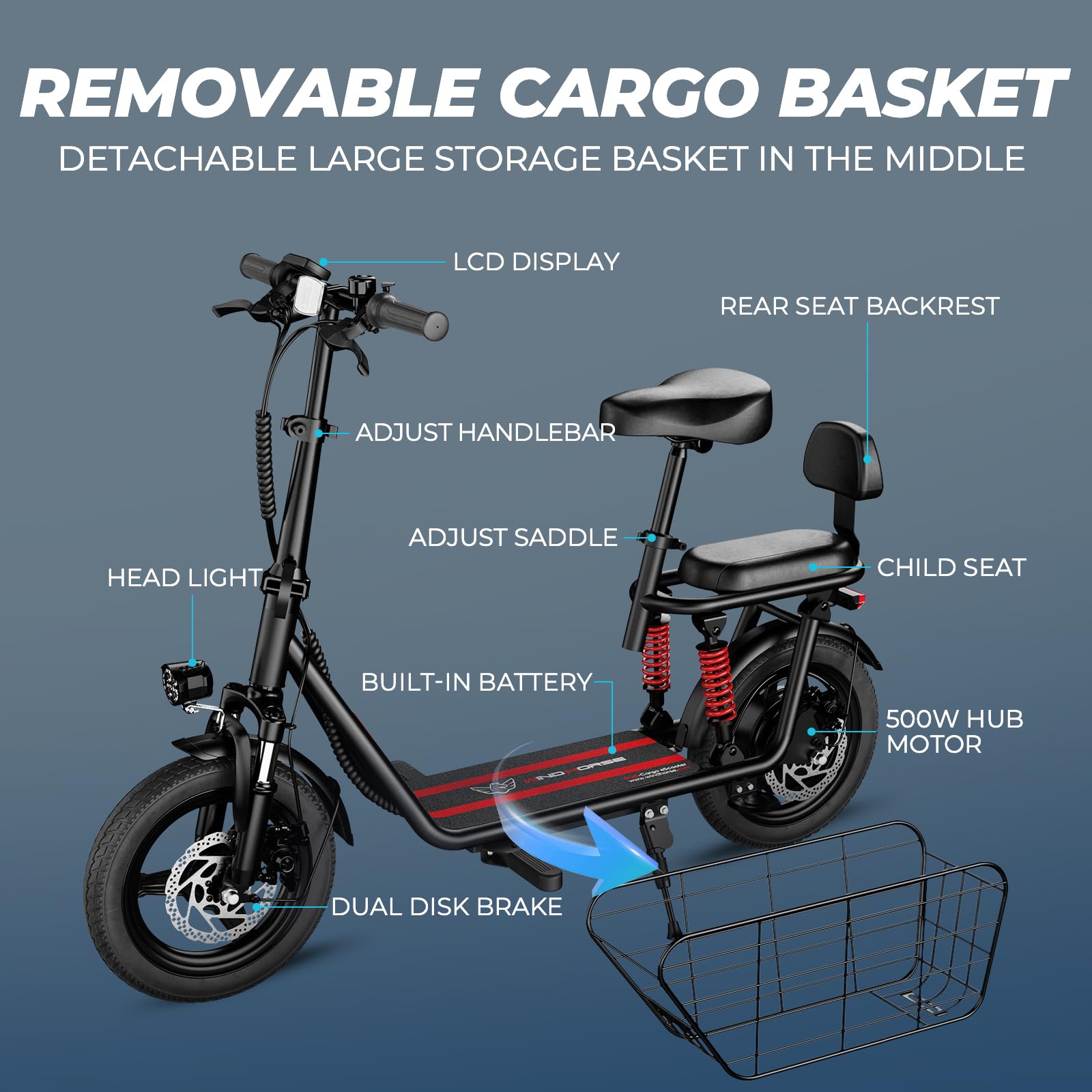 WINDHORSE 850W Peak Electric Scooter with Seat, 20MPH & 25 Miles Range, Dual Shock Absorbing, 3 Gear Speed, 14" Pneumatic Tire, Folding E Scooter for Adults with Basket for Commuting, 330lbs Load