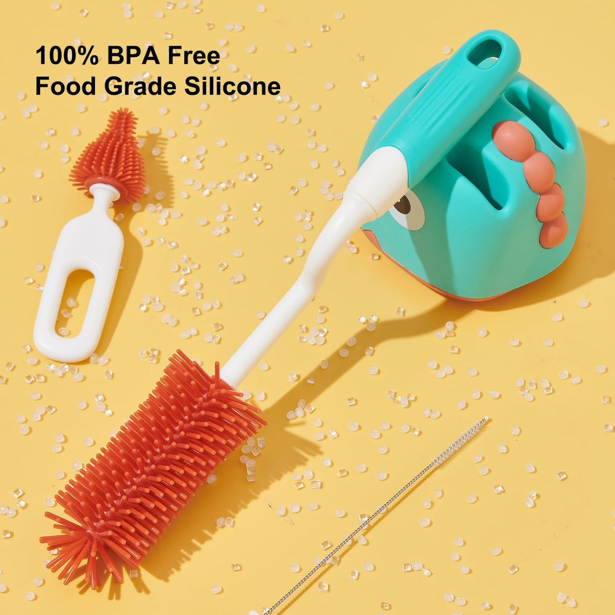 Rabbit Baba Silicone 4-in-1 Baby Bottle Brush Set,Nipple Brush, Bottle Brush, Straw Brush， Safe and Durable, Easy to Clean and Dry，4 Count，Cleaning Set，Uniform Storage Base，Draining Base (yellow Base)