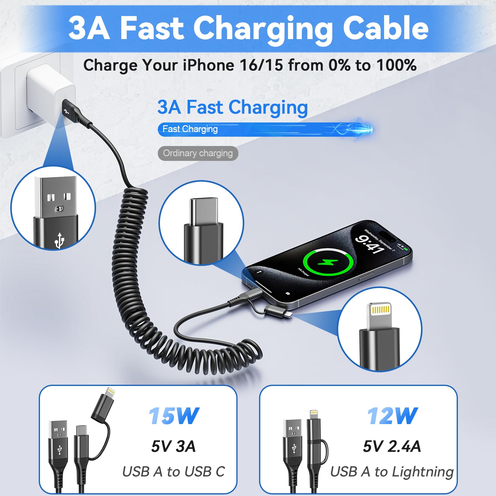 USB to USB-C and Lightning Cable, 2 in 1 Coiled iPhone Charger Cable Apple Carplay & Android Auto, [3A Fast Charge & Data Sync] Lightning and USB C Cable Cord Combo for iPhone 16/15/14/13/iPad/Android