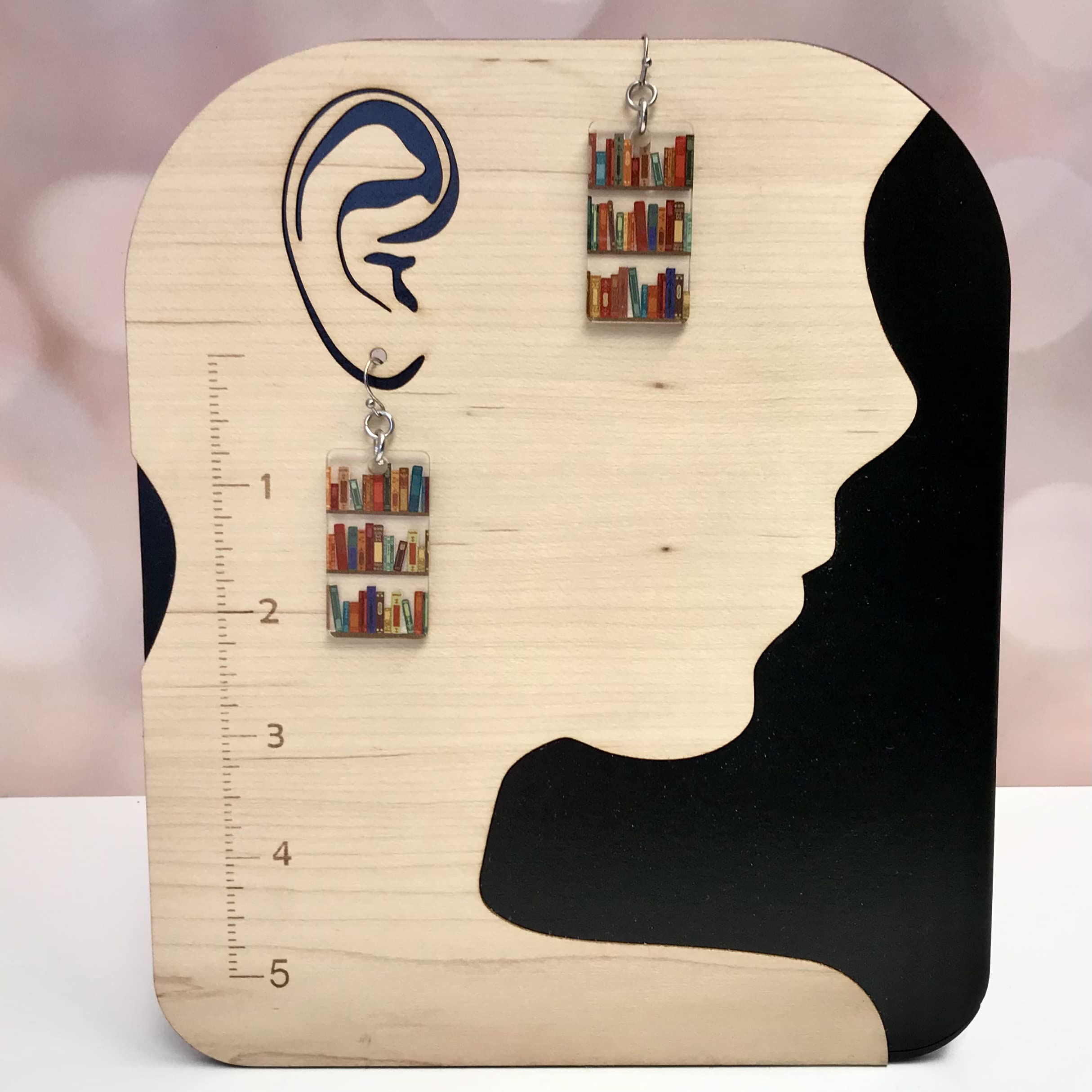 Bookcase Dangle Earrings with Book Shelves Patterned Acrylic