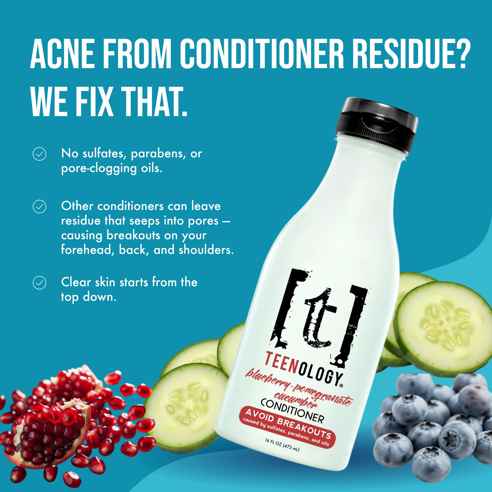 Teenology Conditioner for Teens - Avoid Forehead and Body Acne - Sulfate and Paraben Free, Noncomedogenic, Natural Botanical Extracts, Blueberry Pomegranate Cucumber - 16 oz.
