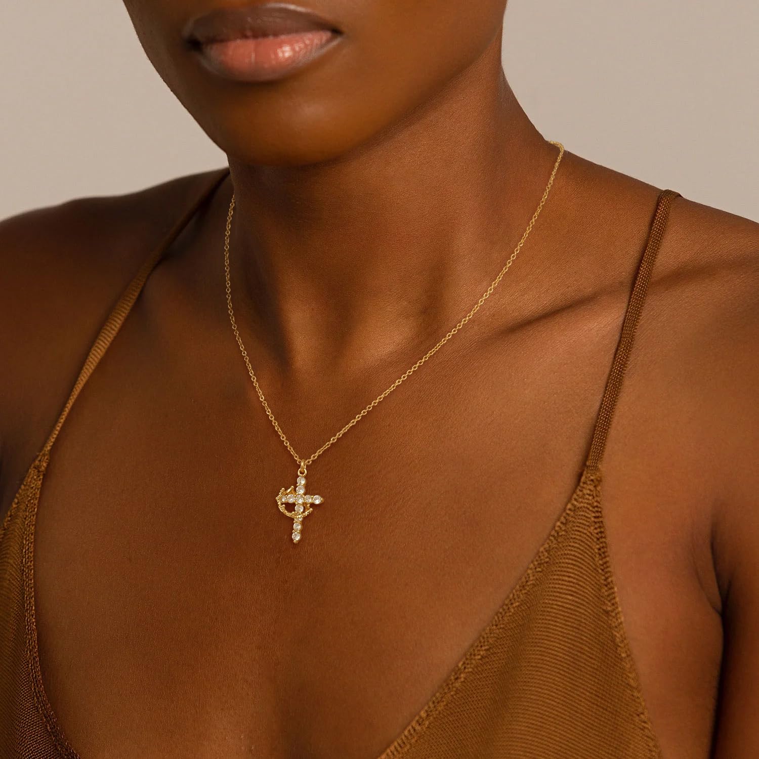 Tewiky Cross Necklace for Women-Cute 14k Gold Plated Crown Cross Pendant Necklaces Simple Diamond Gold Necklaces Faith Cross Jewelry First Communion Necklace