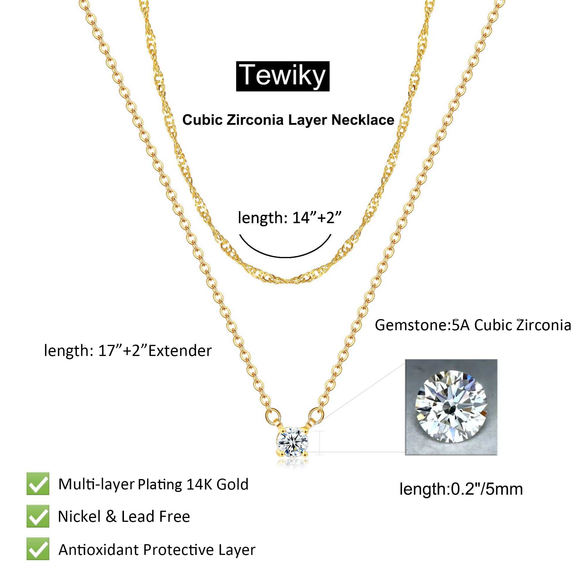 Tewiky Gold Necklace, Dainty Gold Layered Gold Plated Diamond Necklaces Simple CZ Solitaire Pendant Necklace Cute Gold Cubic Zirconia Chain Choker for Women Trendys Gold Jewelry Gift