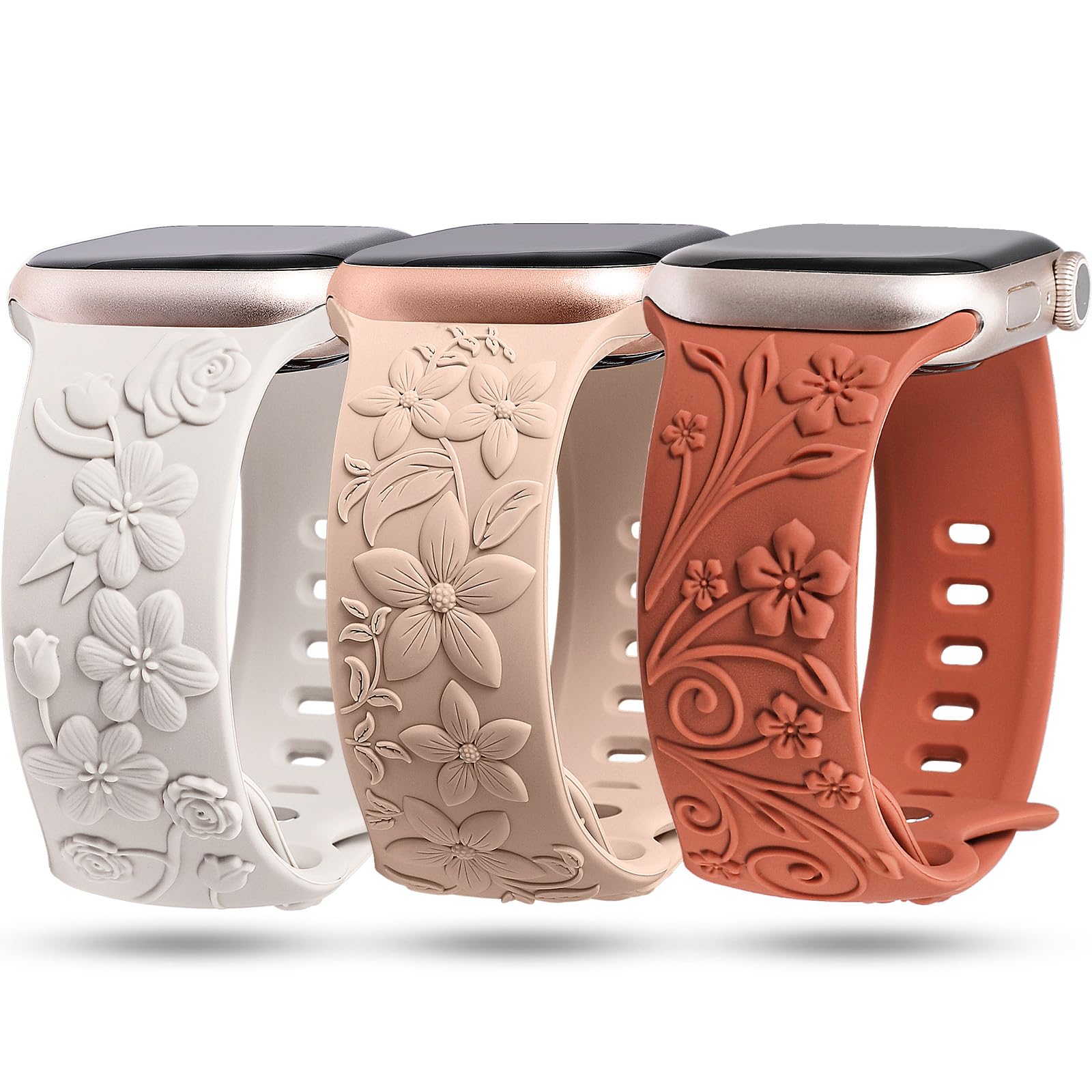 TOYOUTHS 3 Pack 3D Floral Engraved Bands Compatible with Apple Watch Bands 42mm 41mm 40mm 38mm Women, Soft Silicone Embossed Cute Flower Dressy Fancy Straps for iWatch Series 10/9/SE/8/7/6/5/4/3/2/1