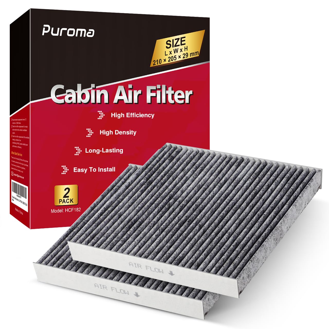 Puroma 2 Pack Cabin Air Filter with Activated Charcoal Layer Replacement for CP182, CF11182, Honda Civic, Clarity, CR-V, CR-Z, HR-V, Fit, Insight, Odyssey, Acura MDX, RDX, TLX, INTEGRA