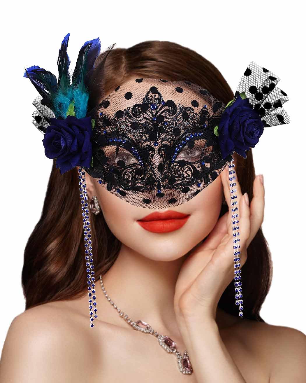 Campsis Women Masquerade Mask Blue Feather Mardi Gras Mask Venetian Party Mask Tassl Rhinestone Ball Prom Costume Face Decorations for Women