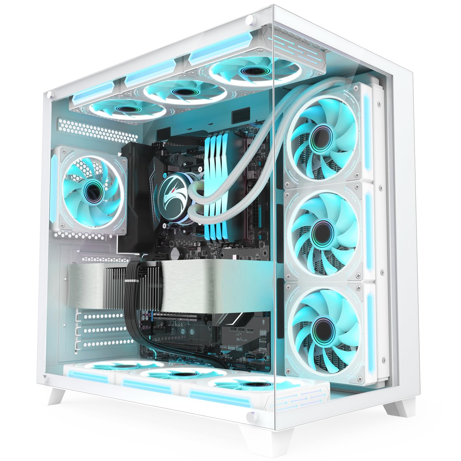 SZD S590 Mid ATX Gaming PC Case, 270° Full View Seamless Tempered, 360mm Radiator Support, High-Airflow Dual-Chamber Computer Tower Case-Fans not Included