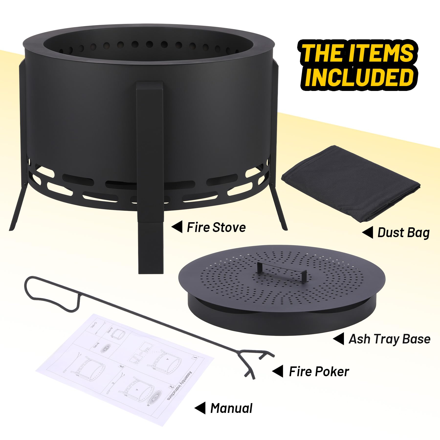 GarveeLife 26 in Smokeless Fire Pit with Ash Tray Base,Smokeless Outdoor Firepits with Adjustable Foot&Fire Poker,Firepit with Dust Bag,Outdoor Fire Pits for BBQ,Bonfire,Camping