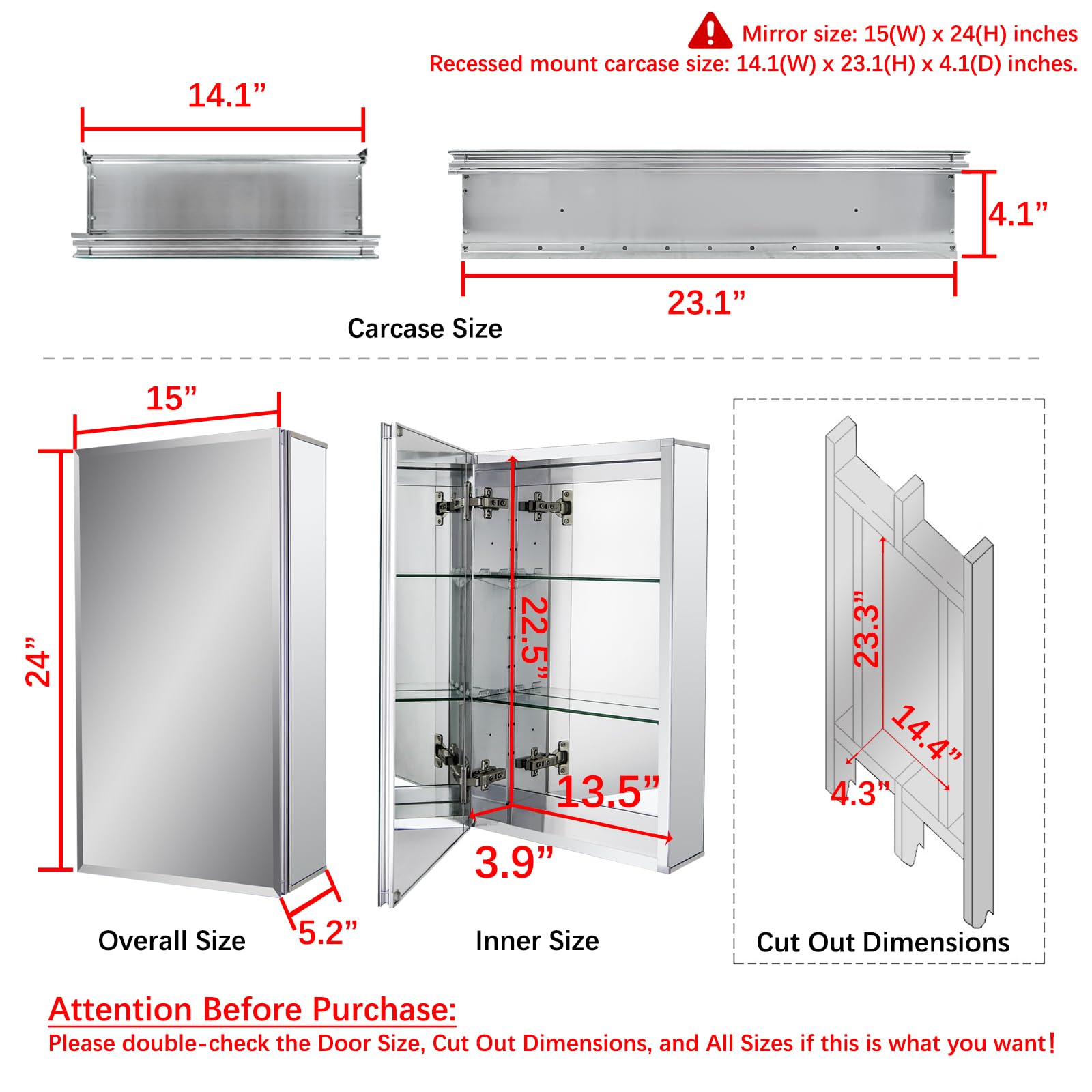 Fundin Aluminum Bathroom Mirror Cabinet Recess Mount Only, with Framless Double Sided Mirror Door, 15 Inch x 24 Inch