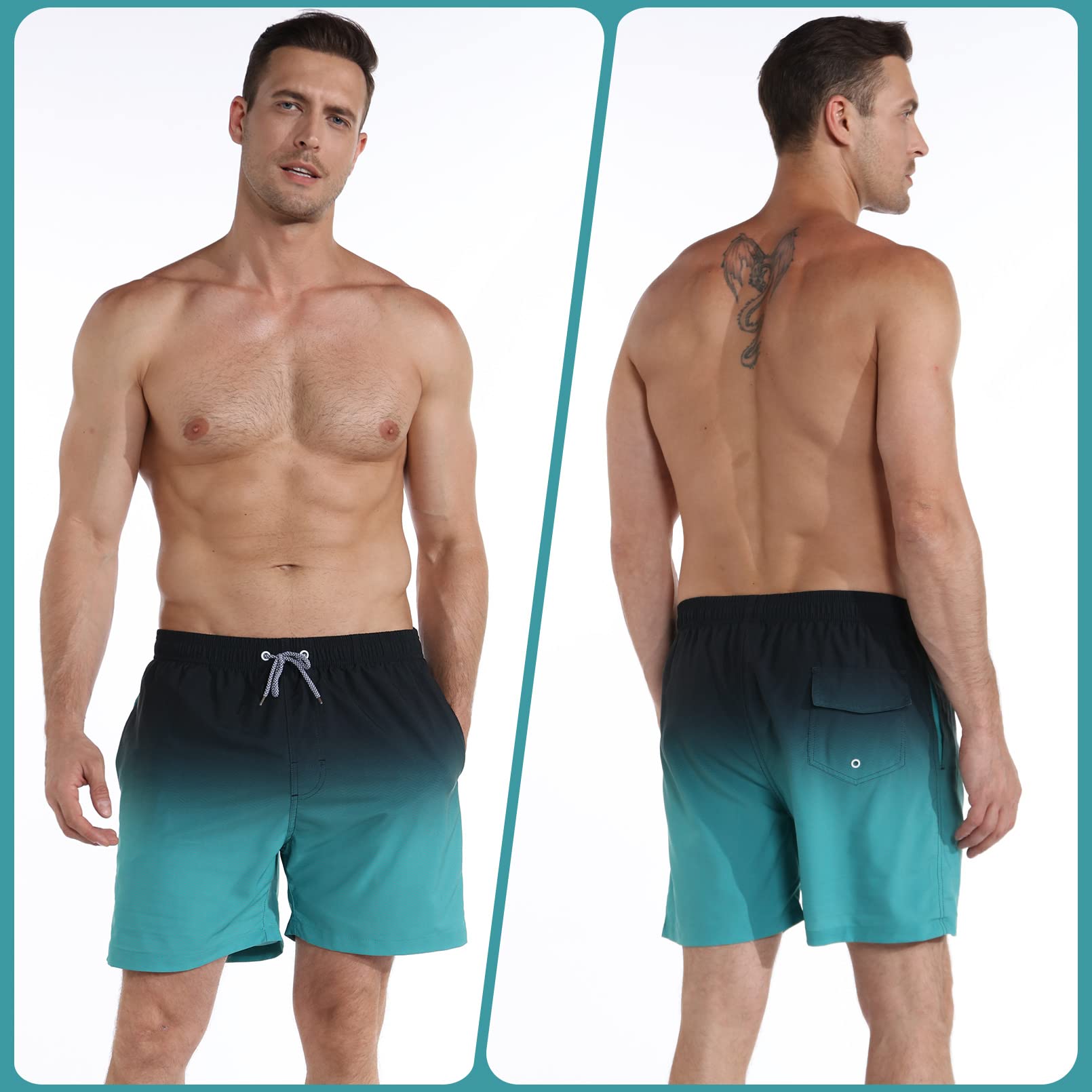 zeetoo Mens Swim Trunks with Compression Liner 5.5" Inseam Swim Shorts Quick Dry Shorts Gradient-Green M
