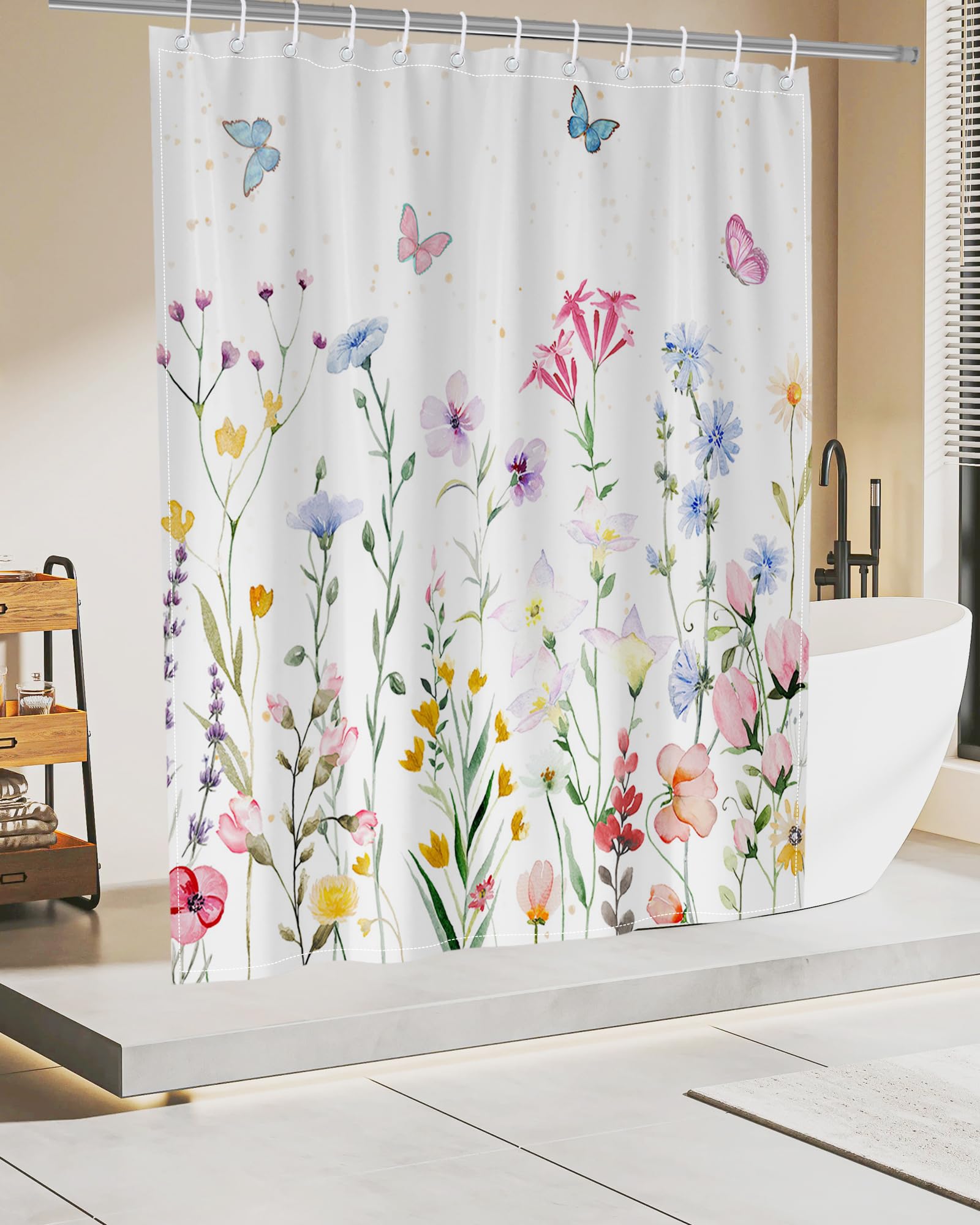 Lindameler Floral Butterfly Shower Curtain Set Colorful Flower Shower Curtain for Bathroom Waterproof Spring Fabric Shower Curtain with 12 Hooks 72x72 Inches