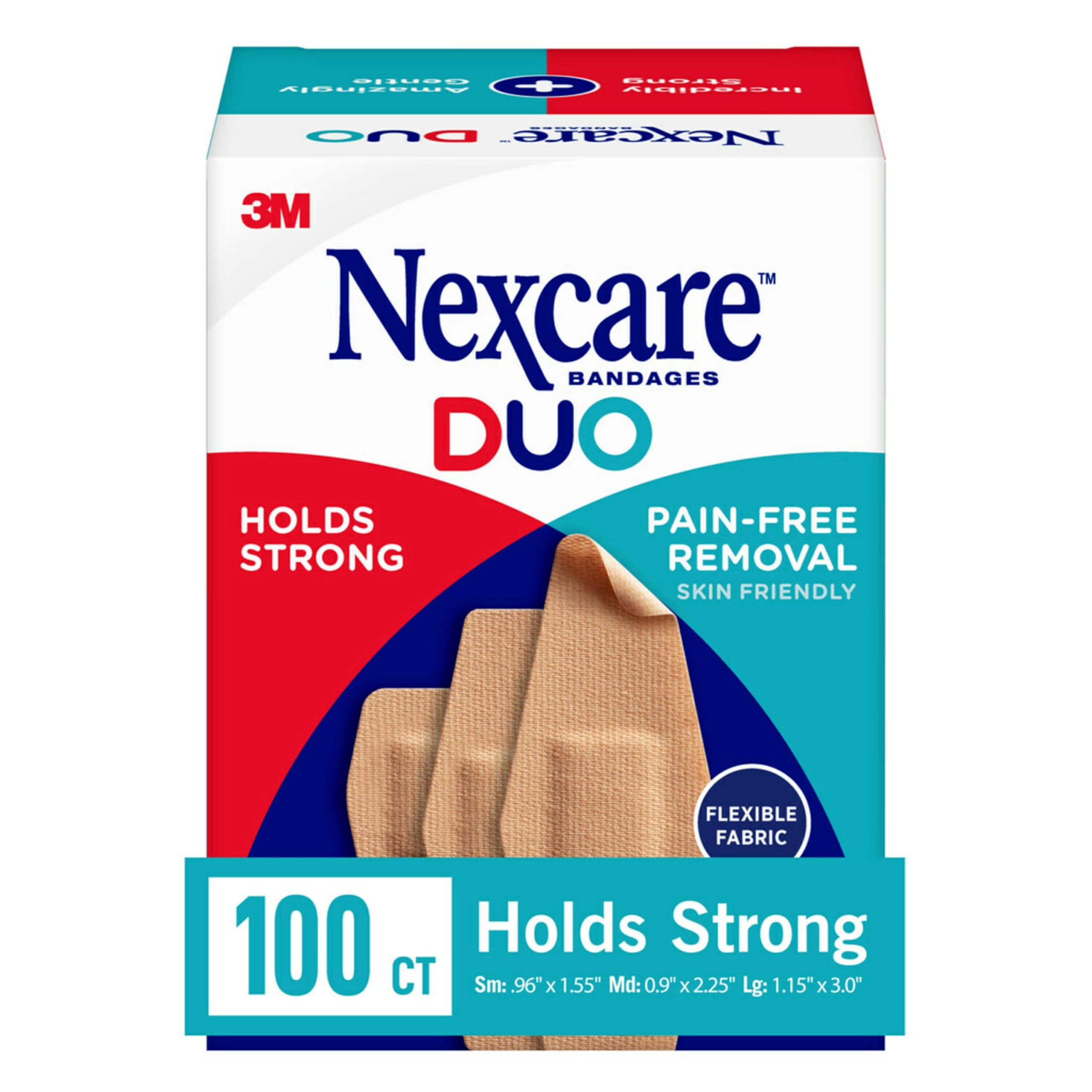 Nexcare Duo Bandages, Painless Removal, Strong Adhesive Bandages Stay on for 24 Hours, Flexible Fabric Construction - 100 Pack Assorted Adhesive Bandages