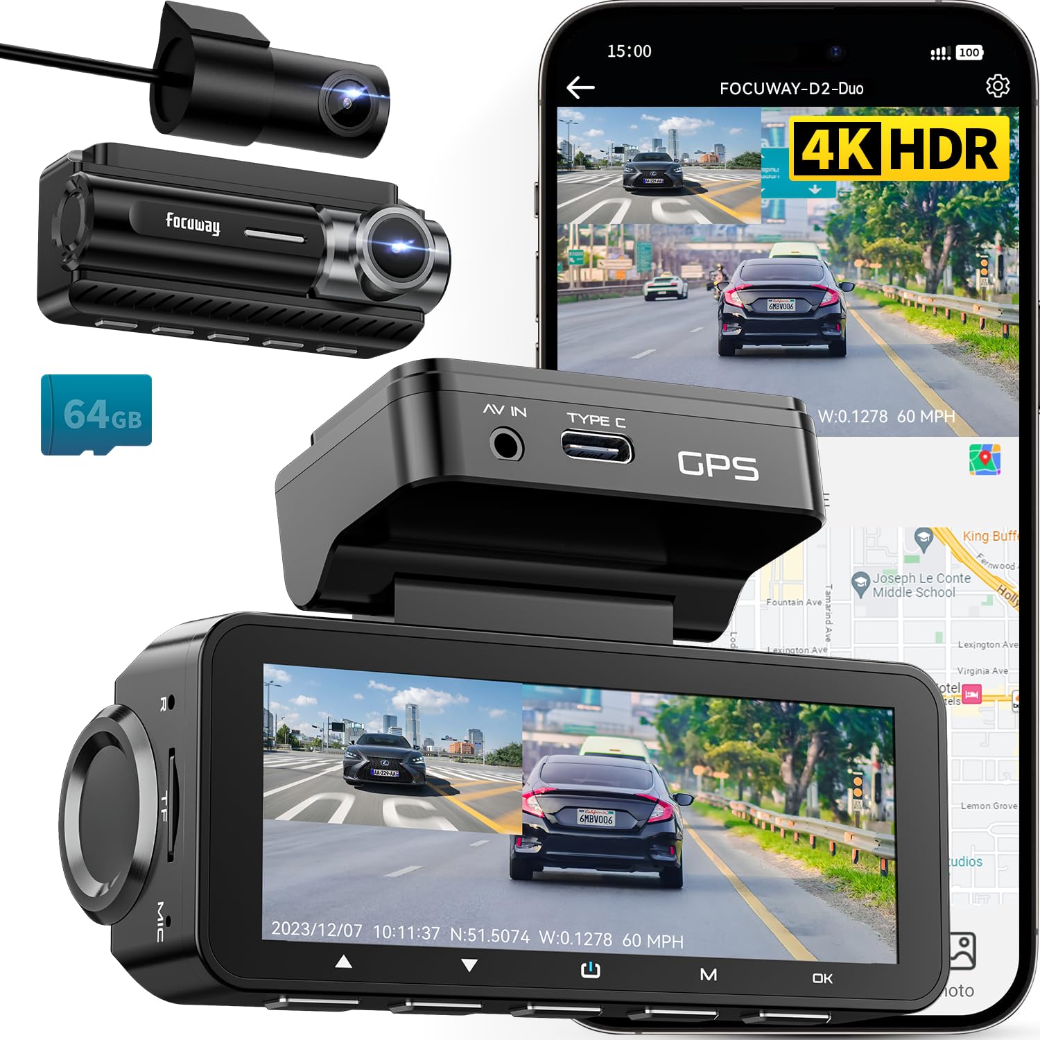 Dash Cam Front Rear 4K Built-in GPS 5GHz WiFi, 3.39" IPS Screen, Voice Control, Dual Dash Camera for Cars Free 64GB SD Card, Super Night Vision, 24H Parking Monitor, Supercapacitor, Type C, WDR