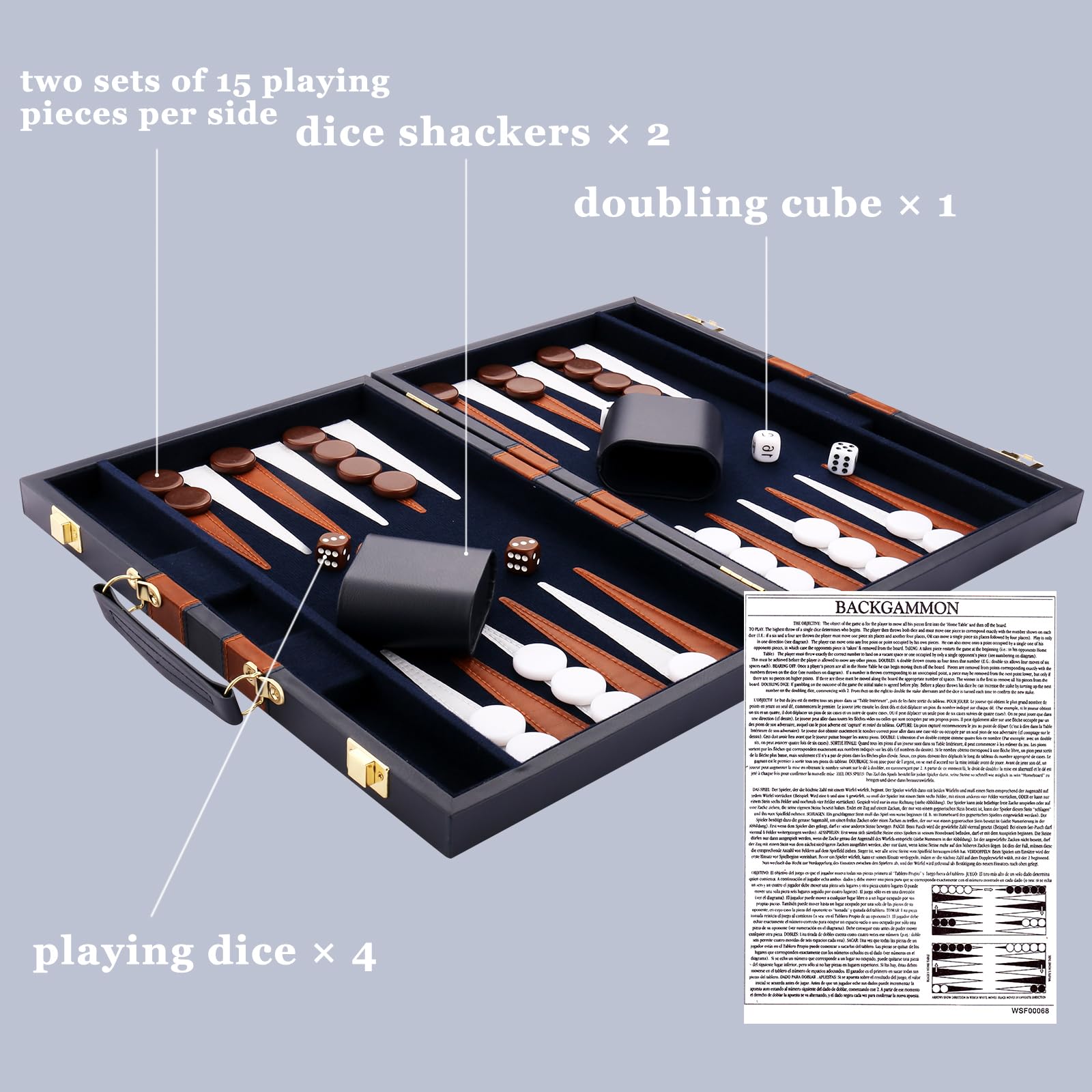 Backgammon Set - Classic Board Game with Premium Leather Case - Portable Travel Strategy Backgammon Game Set for Adults, Kids - Suitable as (15inch, Navy)