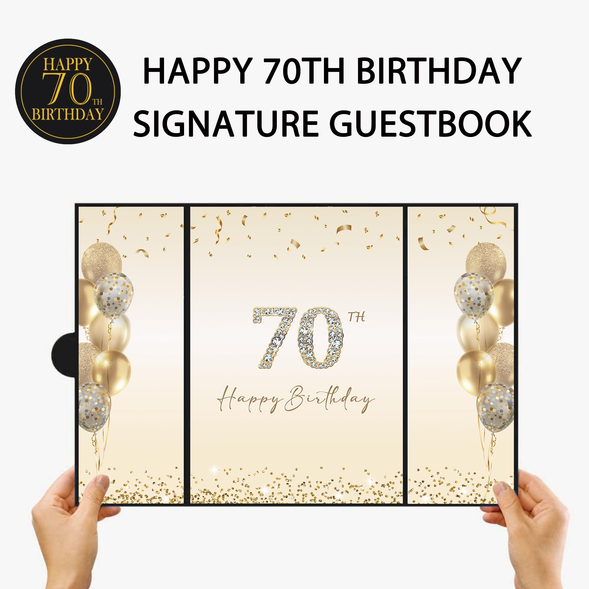 DARUNAXY Black Gold 70th Birthday Party Decorations, Happy 70th Birthday Alternative Signature Guest Book for Men Women Cheers to 70 Years Old Gifts 70 Birthday Signing Card Board Party Supplies