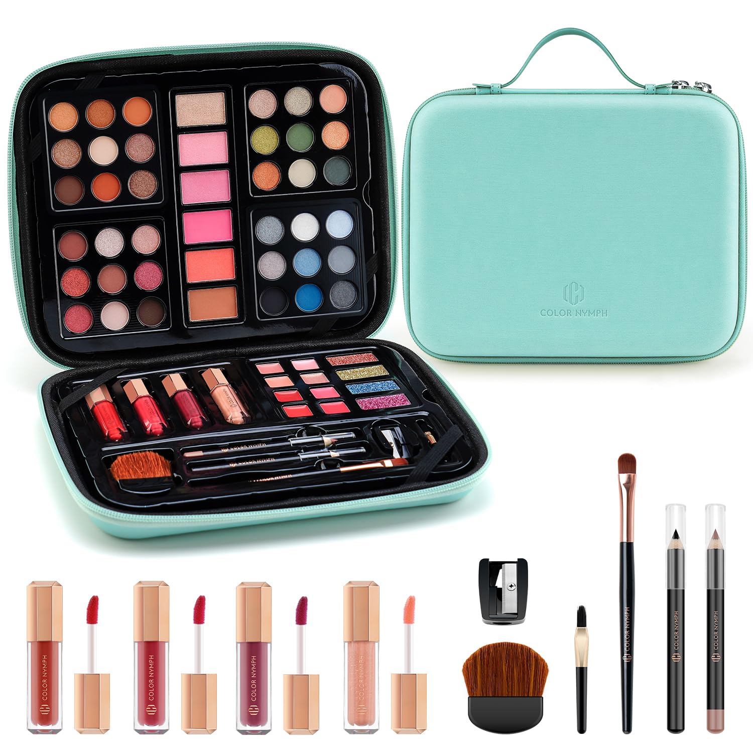 Color Nymph Beginner Makeup Kits Gift for Teens, Makeup Palettes with Reusable Handbag Includes 36 Colors Eyeshadow Blushes Bronzer Highlighter 4 Colors Lipgloss, Lip Oil Brushes Mint Green