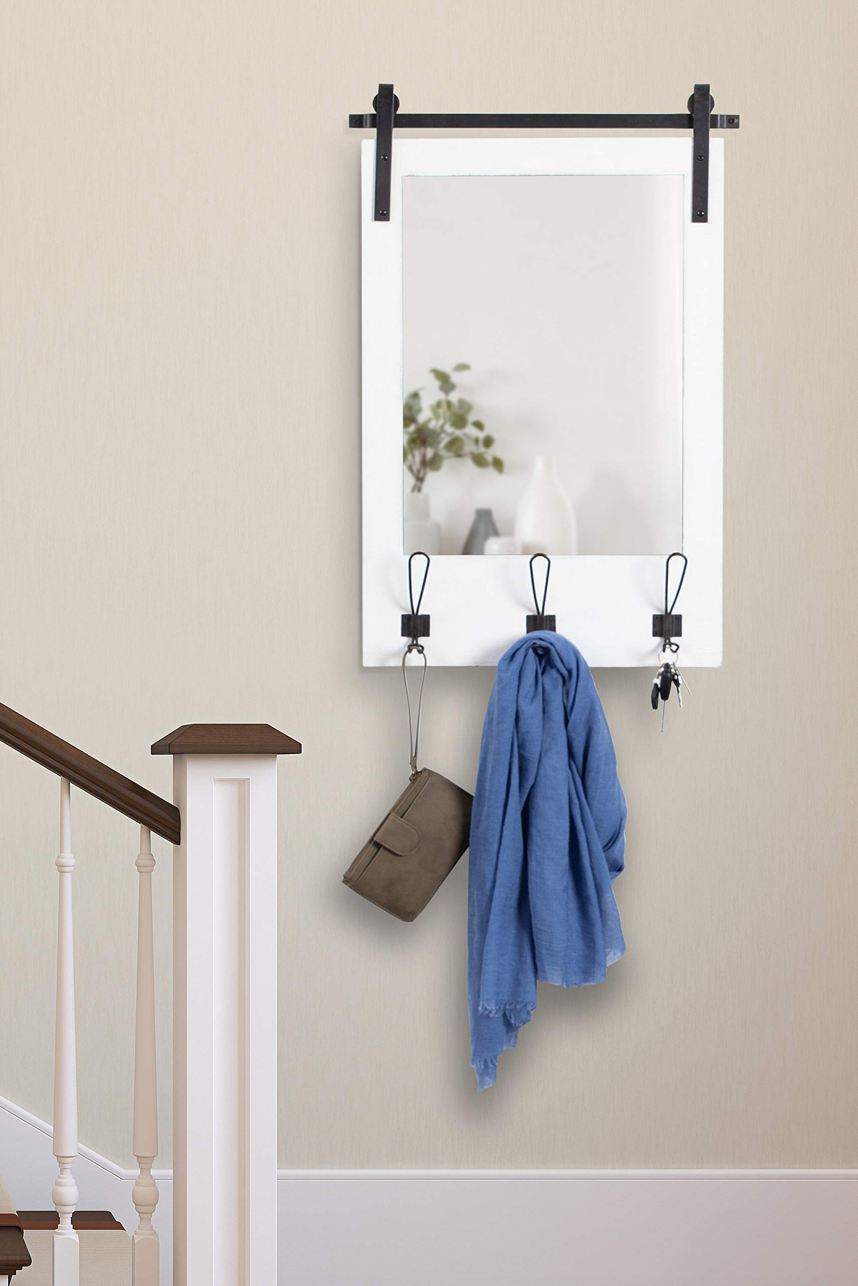 Kate and Laurel Cates Rustic Wall Mirror with Hooks, 18 x 28, White, Farmhouse Wall Decor with Function