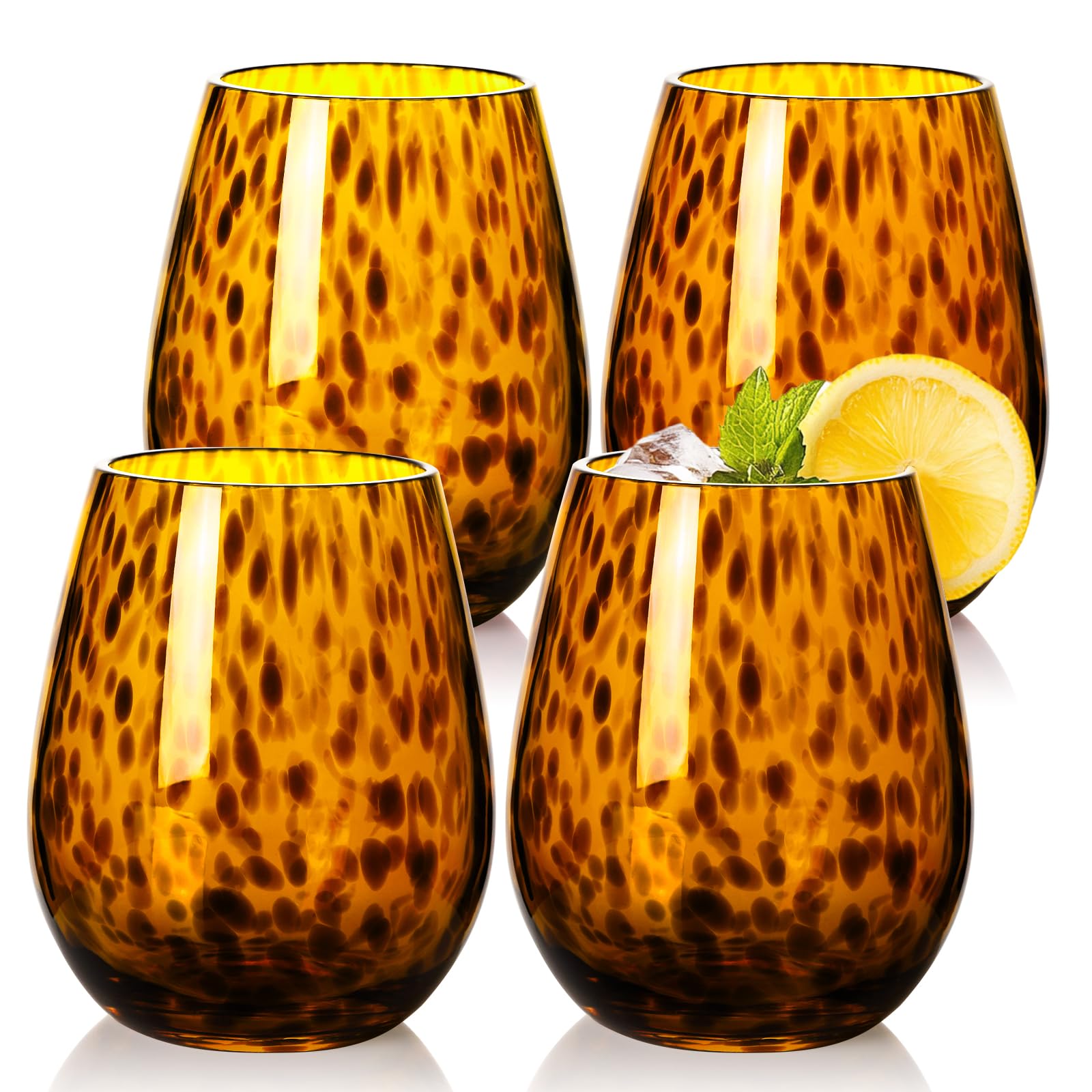 SIPBYSOP Stemless Wine Glasses Set of 4 – Tortoiseshell Colored Stemless Wine Glasses, Brown Colored Glassware, Armber Vintage Retro Tumblers for Tortoise Shell Decoration,15OZ