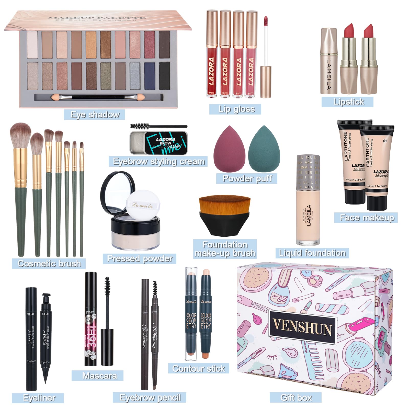 Makeup Kit Full Kit for Women Makeup Kit Full Kit for Teenagers Eyeshadow Palette Lip Gloss Foundation Mascara Eyeliner Cosmetic Brushes Cosmetic Bag etc. (20Middle)