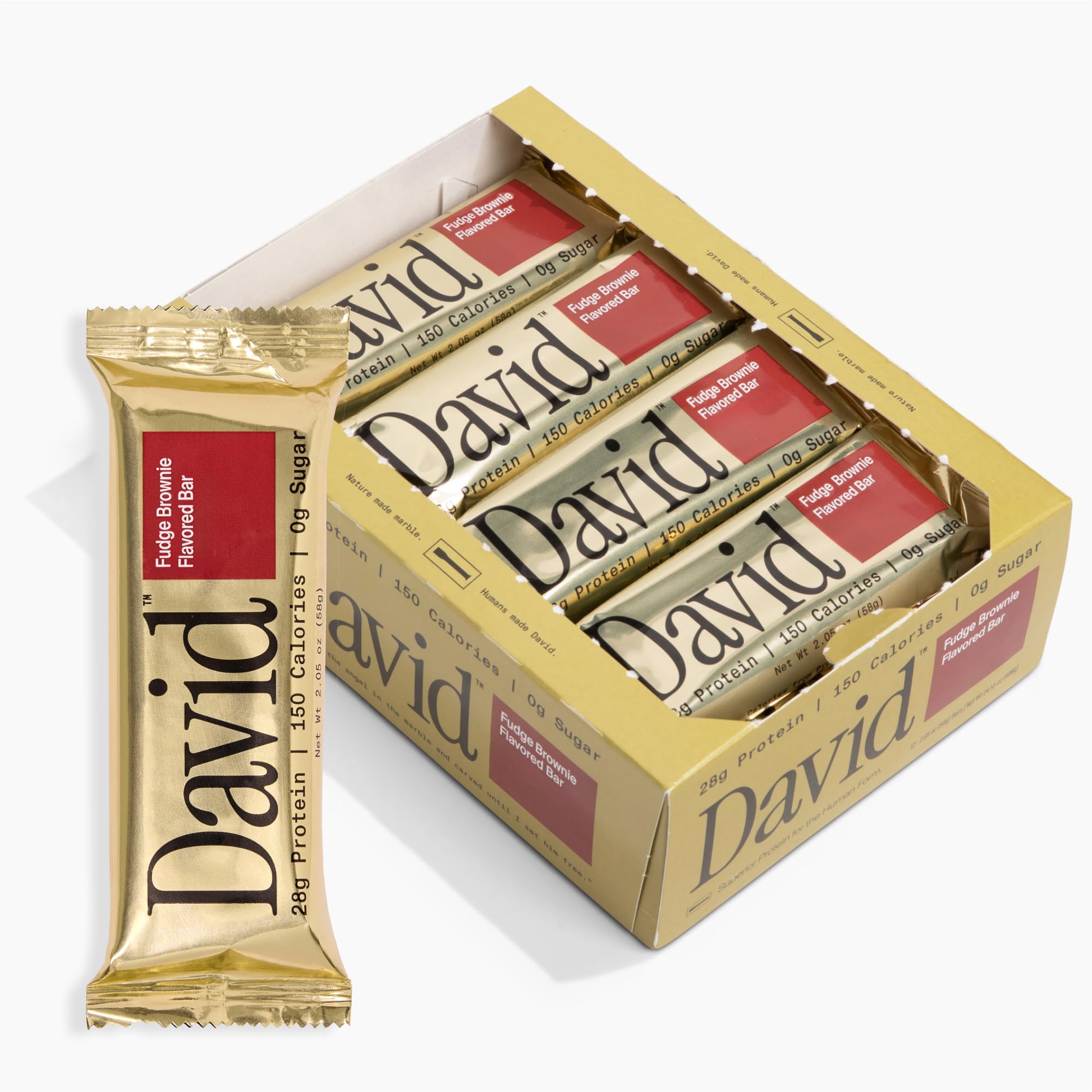 David, Protein Bar, Fudge Brownie, Pack of 12 Protein Bars | 28g of Pr