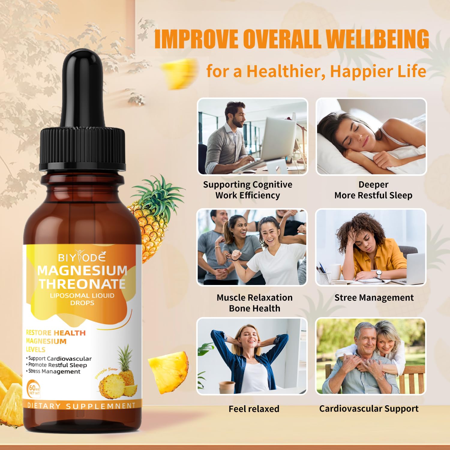 Magnesium L-Threonate Liquid Drops Restore Health Magnesium Levels Support Cardiovascular Promote Restful Sleep Stress Management 60ml Net Wt Pineapple Flavor