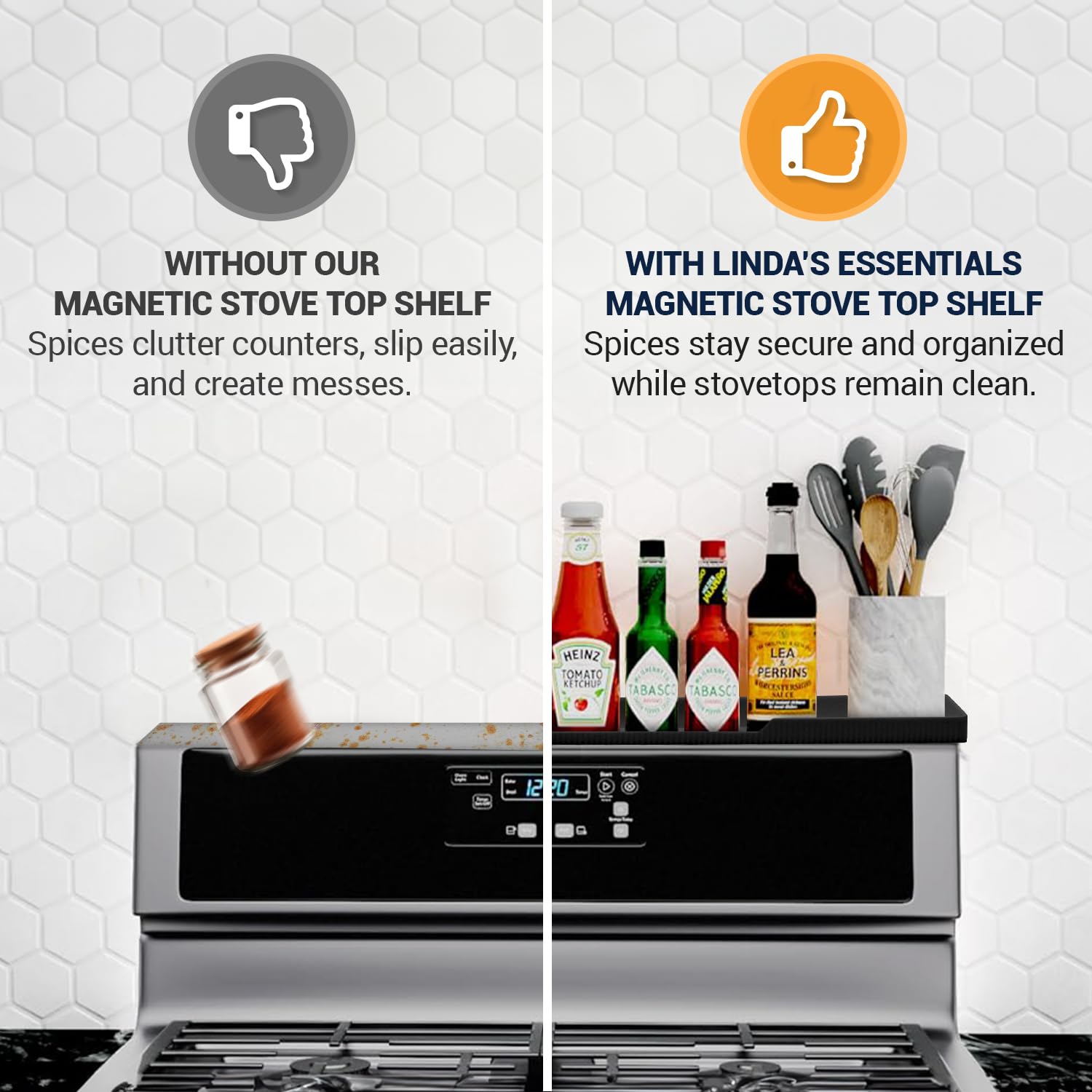 Silicone Magnetic Over the Stove Shelf for Back of Stove - Magnetic Stove Top Shelf and Over Stove Shelf, Over Oven Shelf for Top of Stove, Over the Stove Spice Rack, Includes 6 Extra Plates (Black)