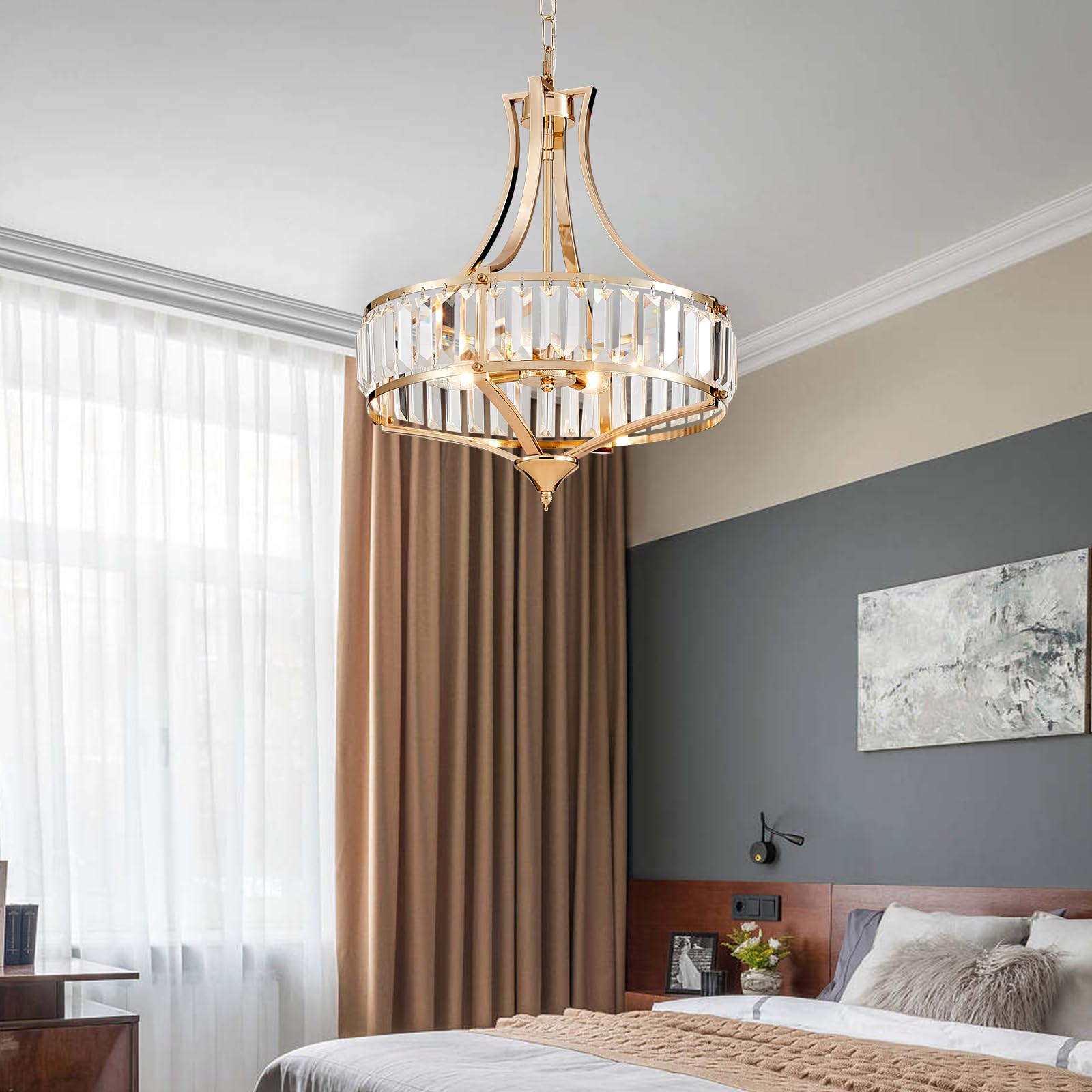 Majhoiw Chandeliers for Dining Room Modern Farmhouse Chandelier, 4-Light Crystal Chandeliers, Rustic Chandelier with Round Metal Lampshade, Perfect for Hallway Bedroom Foyer, Brush French Glod