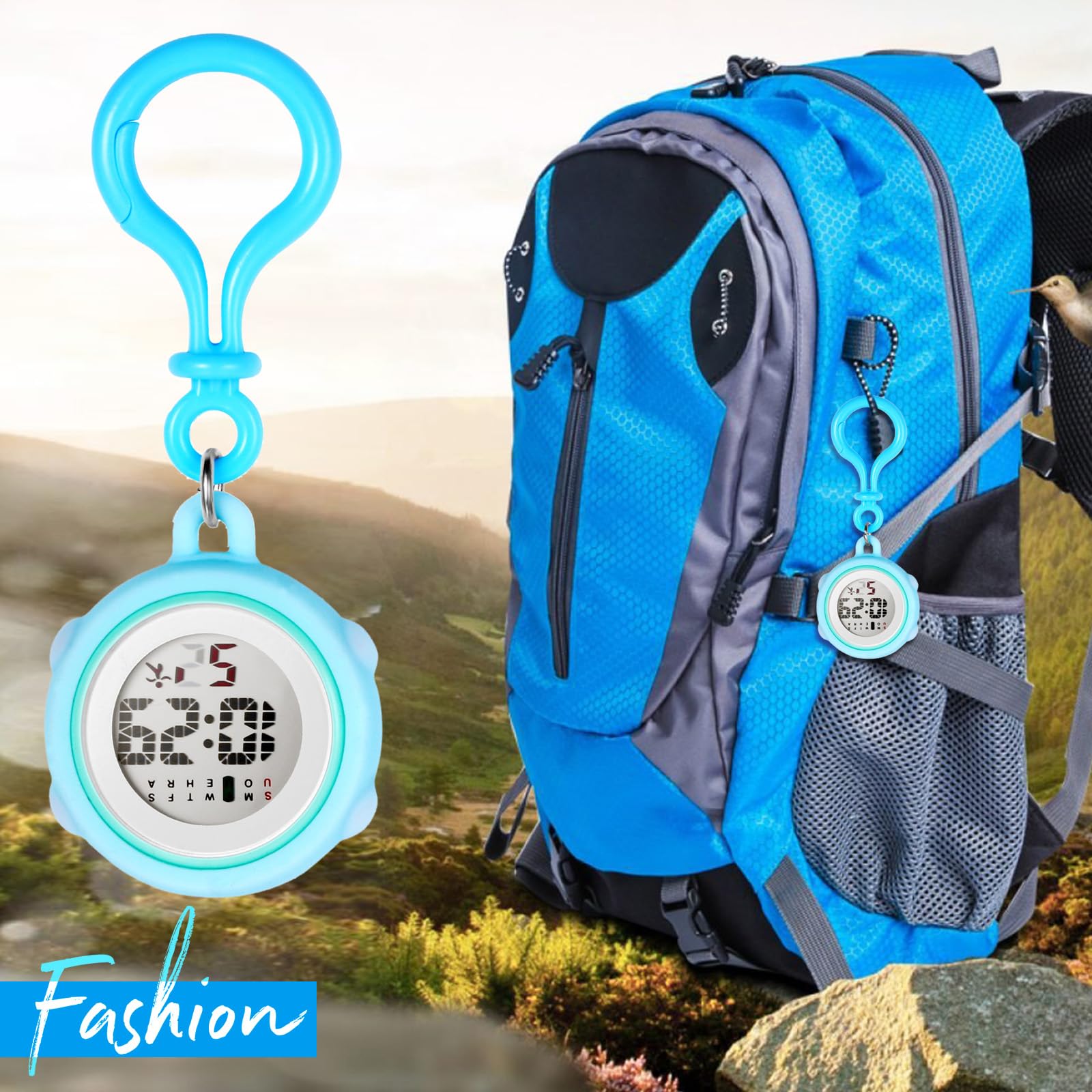 JewelryWe Digital Clip On Watch: Silicone Cover Carabiner Watches Backpack Buckle Belt Fob Watch for Rock Climbing Doctors Nurses Chefs Students